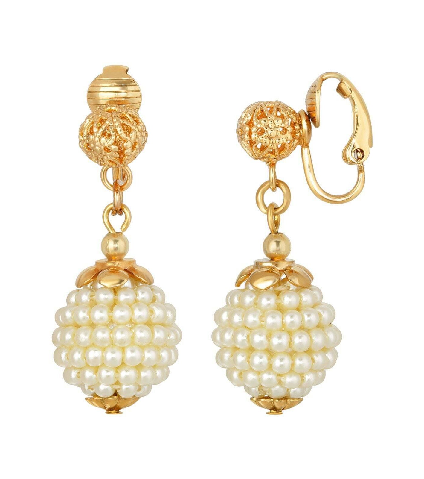1928 Jewelry Filigree Ball & Embossed Faux Pearl Bead Drop Clip On Earrings