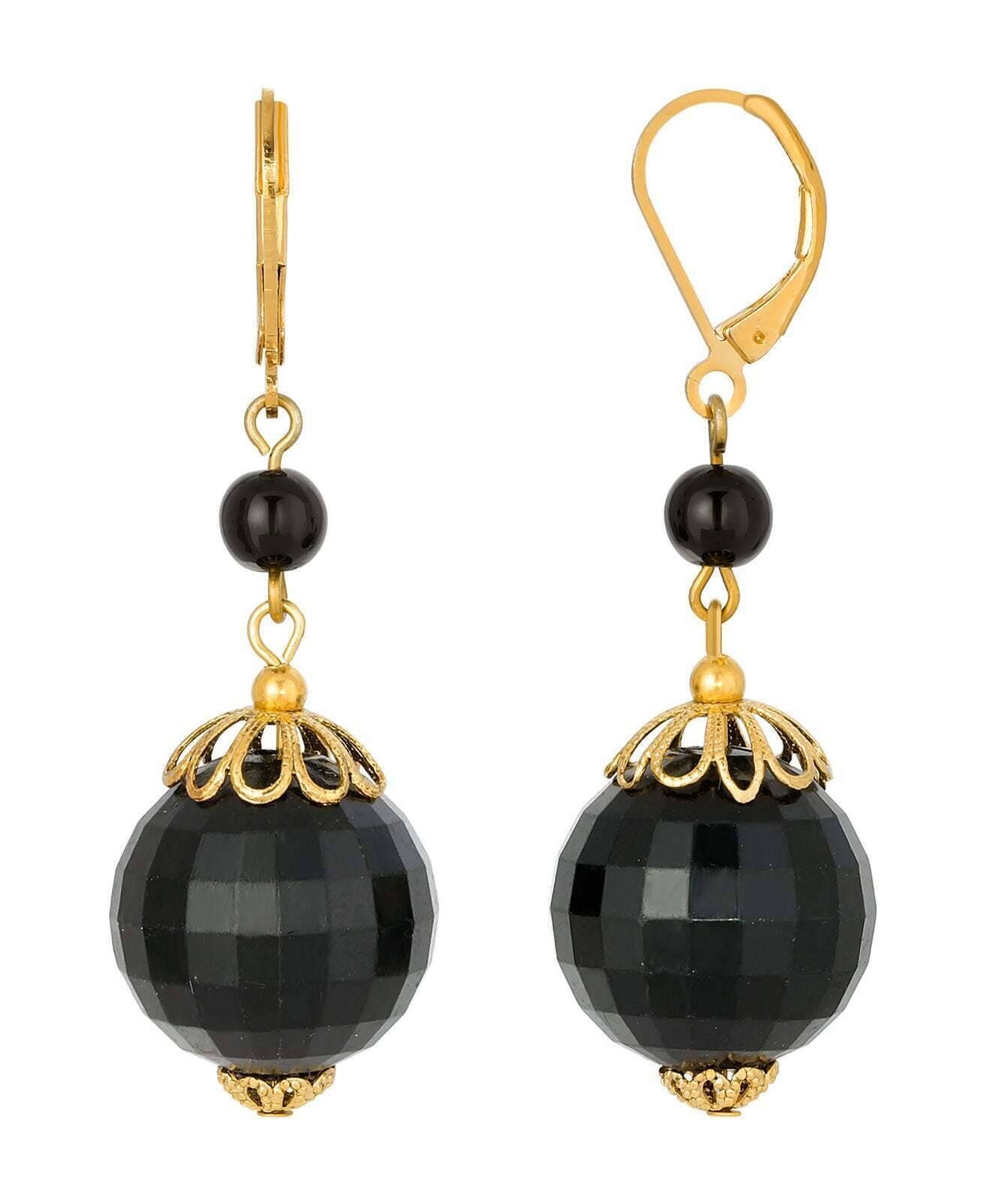 1928 Jewelry Round Black Faceted Beaded Drop Earrings