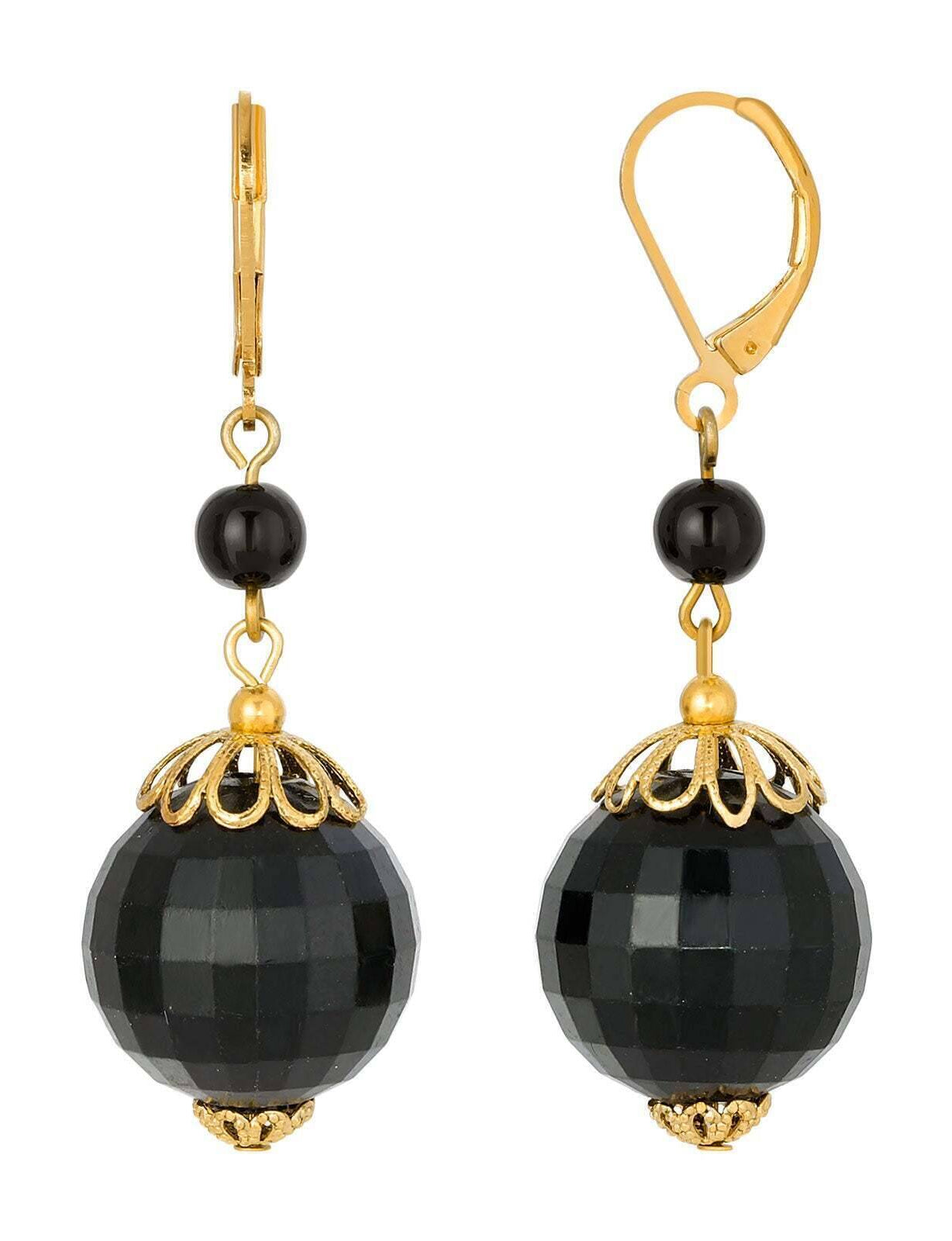1928 Jewelry Round Black Faceted Beaded Drop Earrings