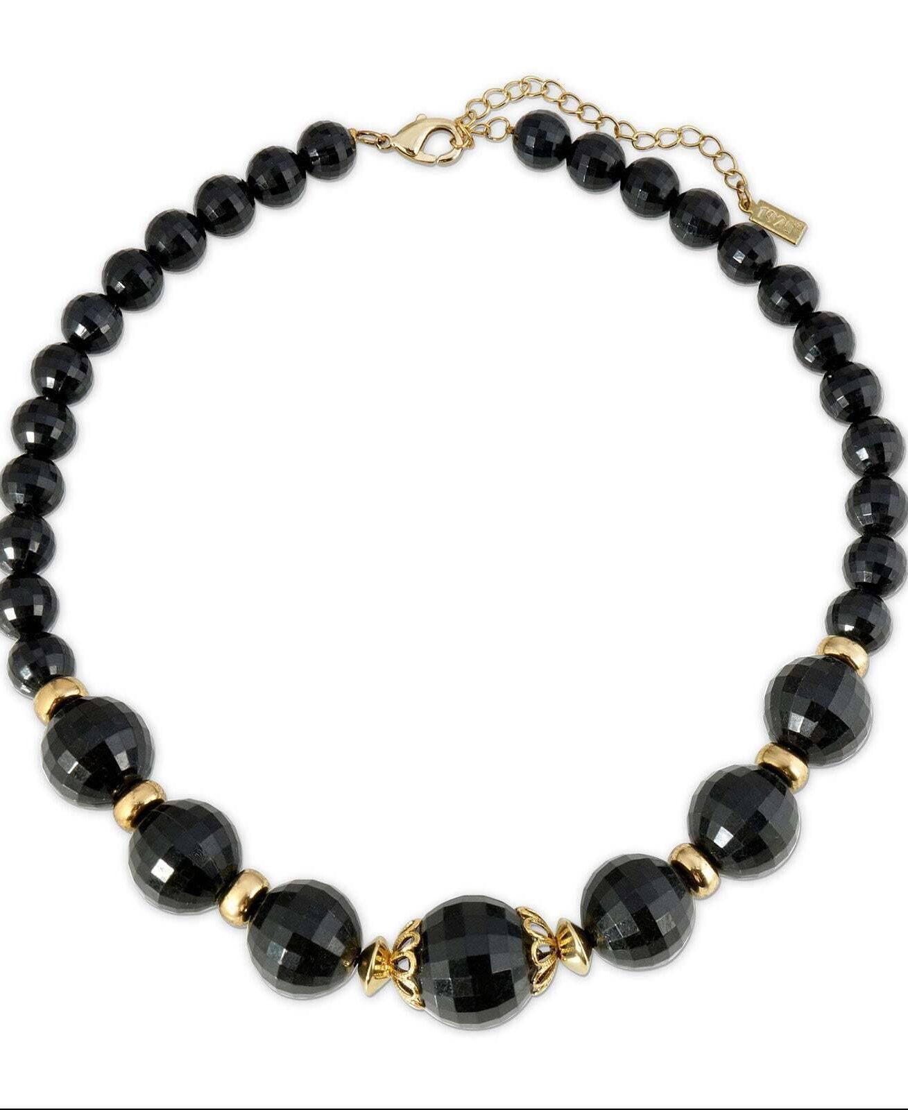 1928 Jewelry Round Black Faceted Beaded Stranded Necklace 16" + 3" Extender