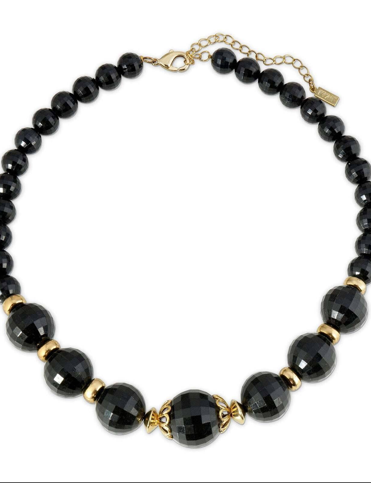 1928 Jewelry Round Black Faceted Beaded Stranded Necklace 16" + 3" Extender