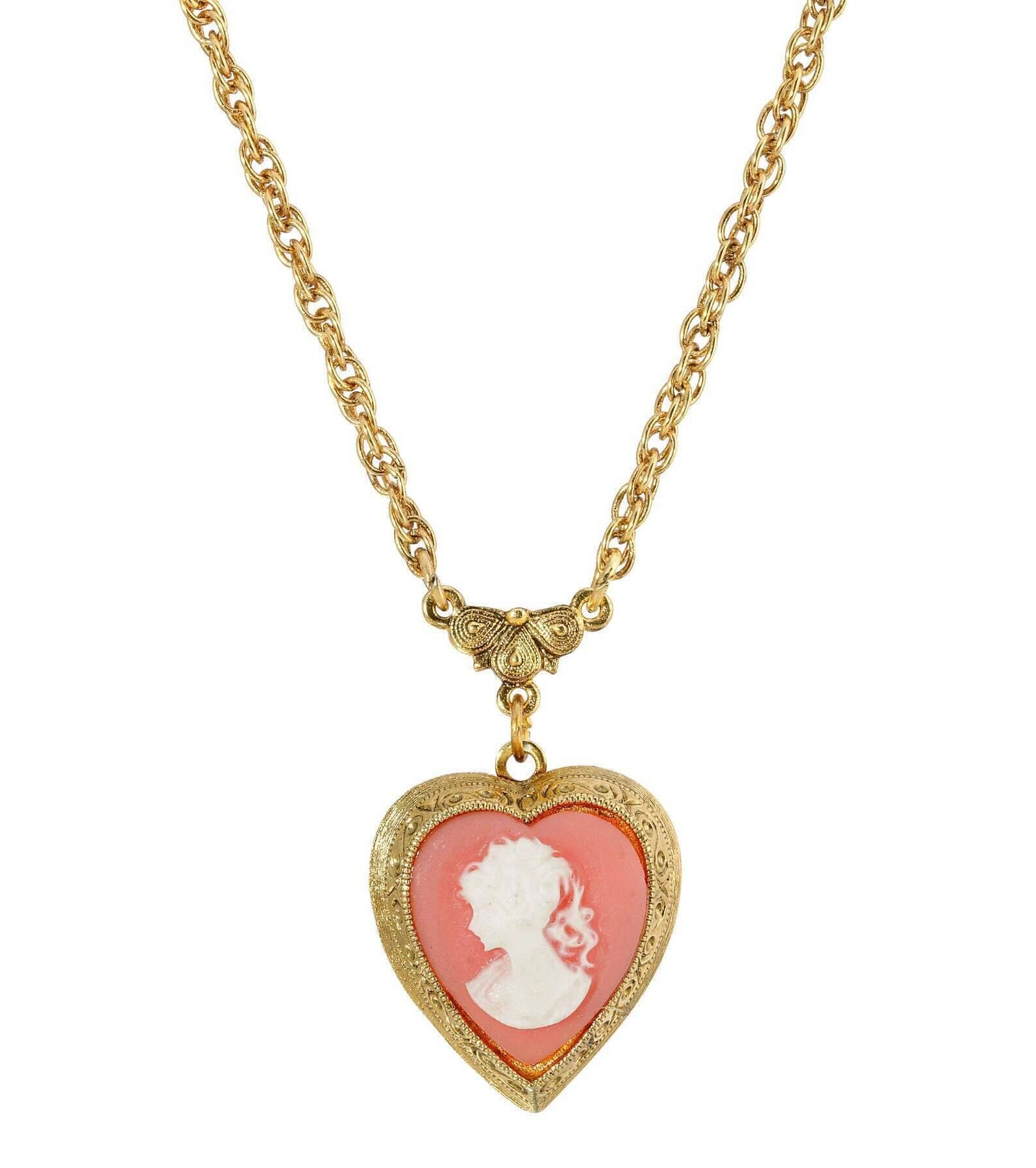 1928 Jewelry Pink Heart Cameo Locket Necklace 16" + 3" Extender