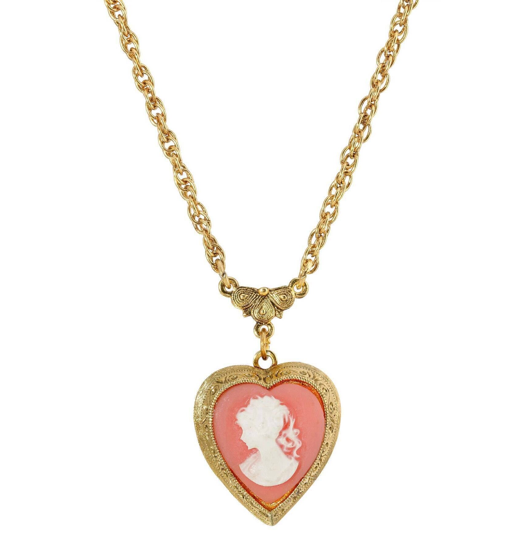 1928 Jewelry Pink Heart Cameo Locket Necklace 16" + 3" Extender