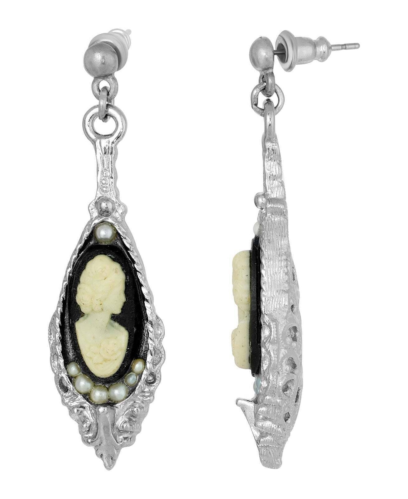 1928 Jewelry Black and White Cameo Faux Pearl Post Drop Earrings
