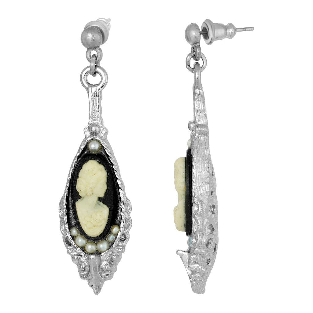 Silver Tone Black and White Cameo Post Drop Earrings