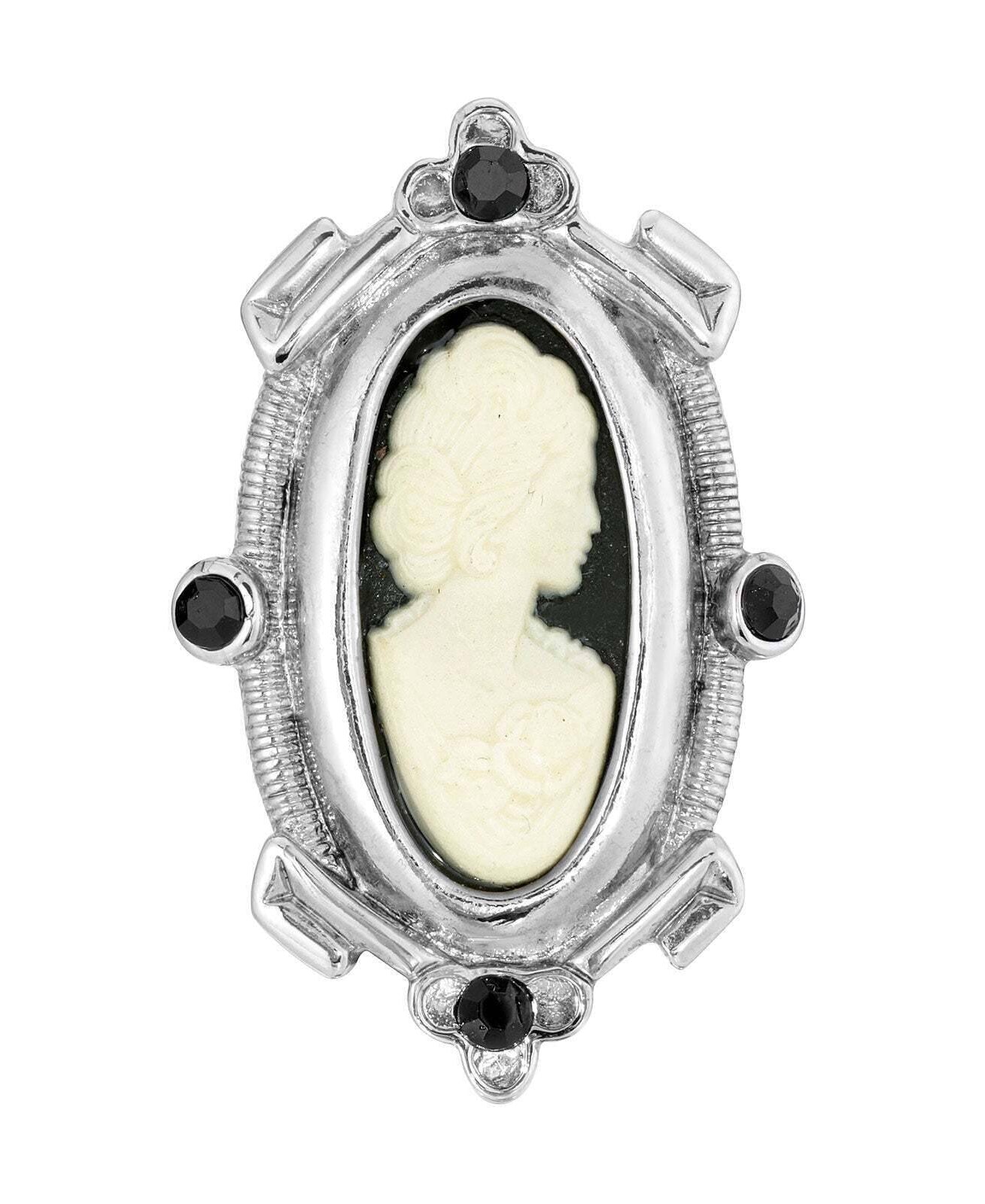 1928 Jewelry Oval Matte Black & Ivory Cameo Crystal Pin