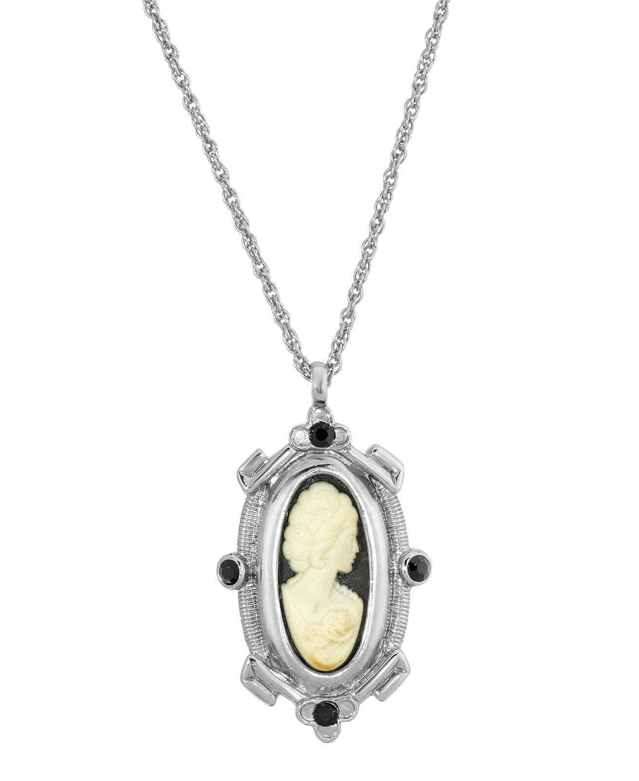 1928 Jewelry Oval Matte Black & Ivory Cameo Crystal Pendant Necklace 18"