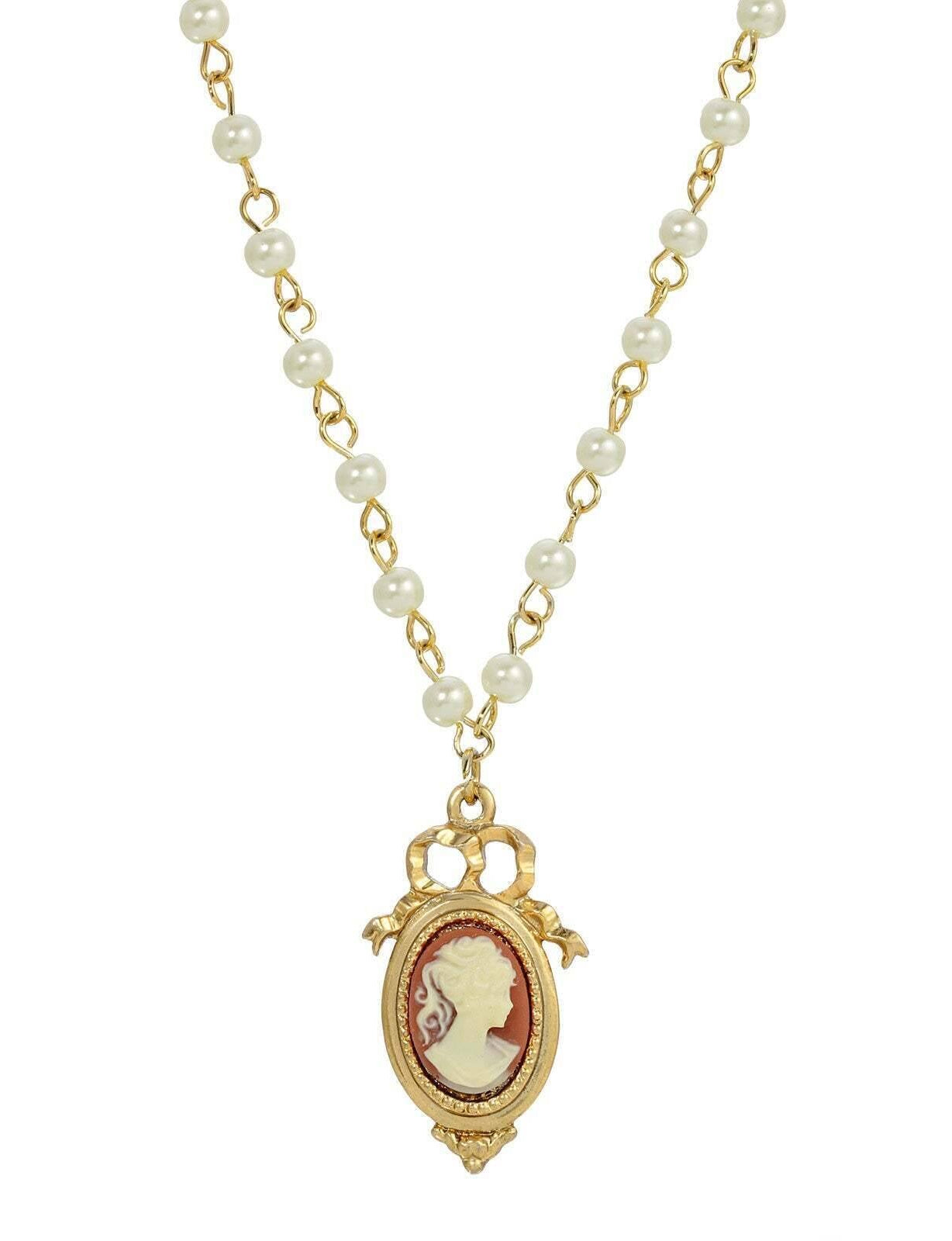 1928 Jewelry Victorian Style White Faux Pearl Chain Oval Cameo Pendant Necklace 15" + 3" Extender