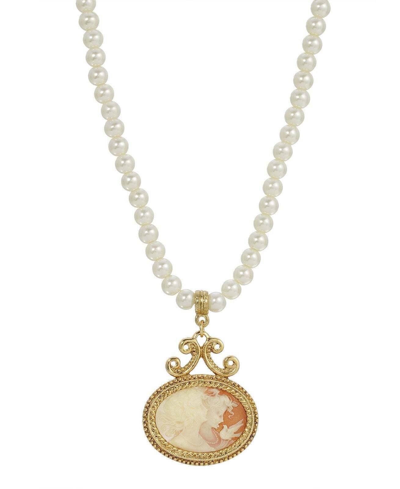 1928 Jewelry 5mm Faux Pearl Strand Twin Muse And Bird Cameo Pendant Necklace 15" + 3" Extender