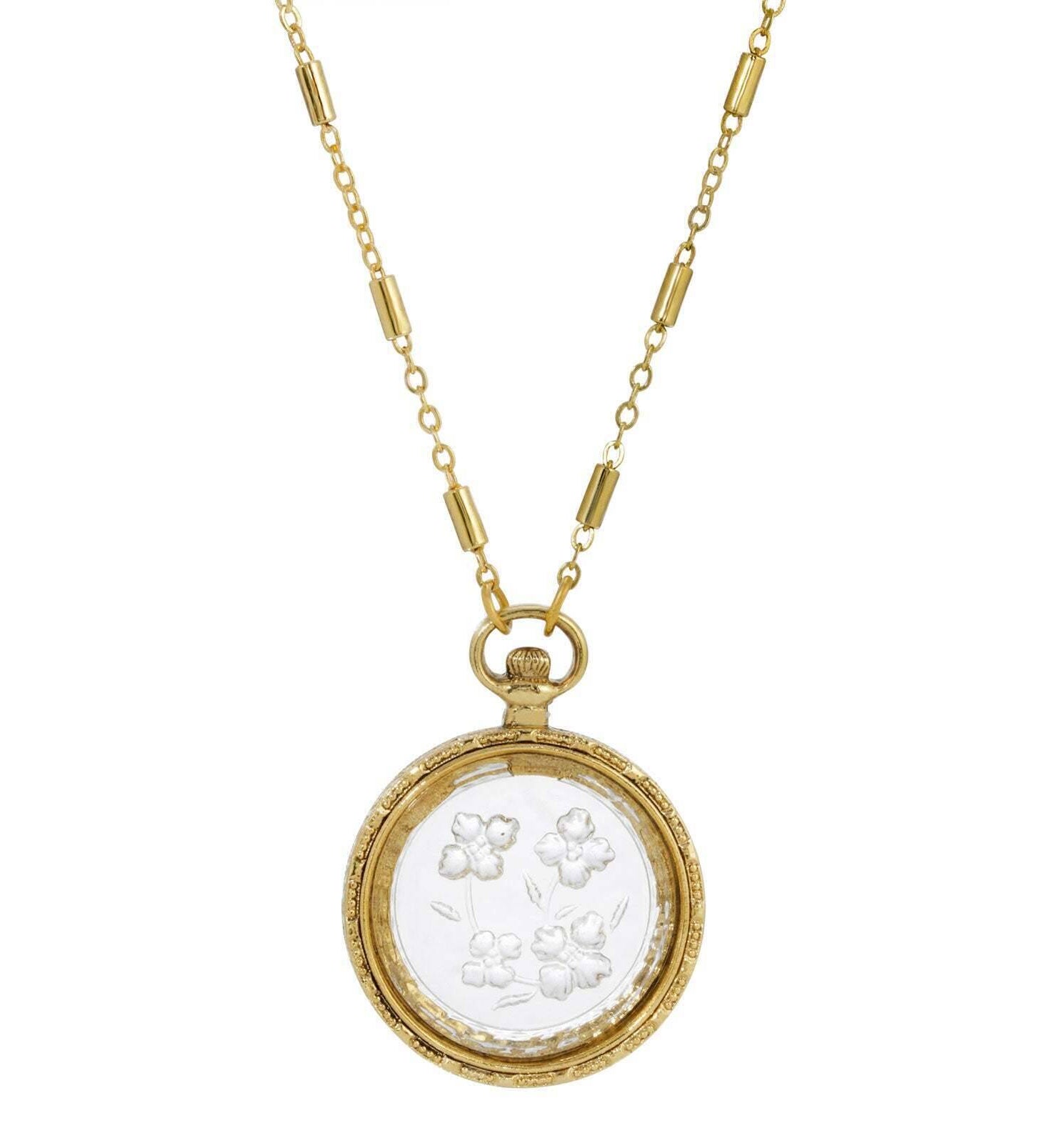 1928 Jewelry Round German Carved Intaglio Glass Flower Pendant Necklace 16" + 3" Extender