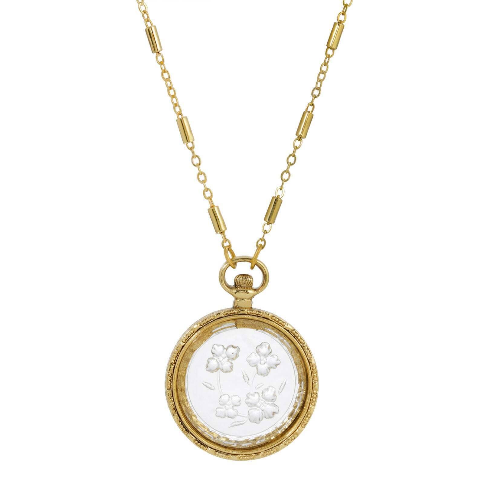 1928 Jewelry Round German Carved Intaglio Glass Flower Pendant Necklace 16" + 3" Extender