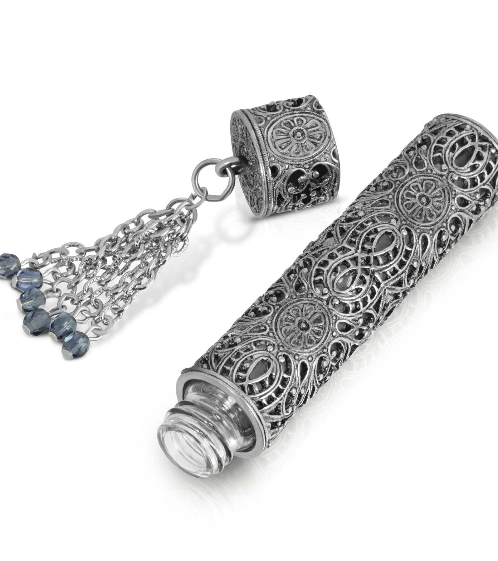 1928 Jewelry Pewter Filigree Glass Vial With Screw Cap & Blue Beaded Tassel