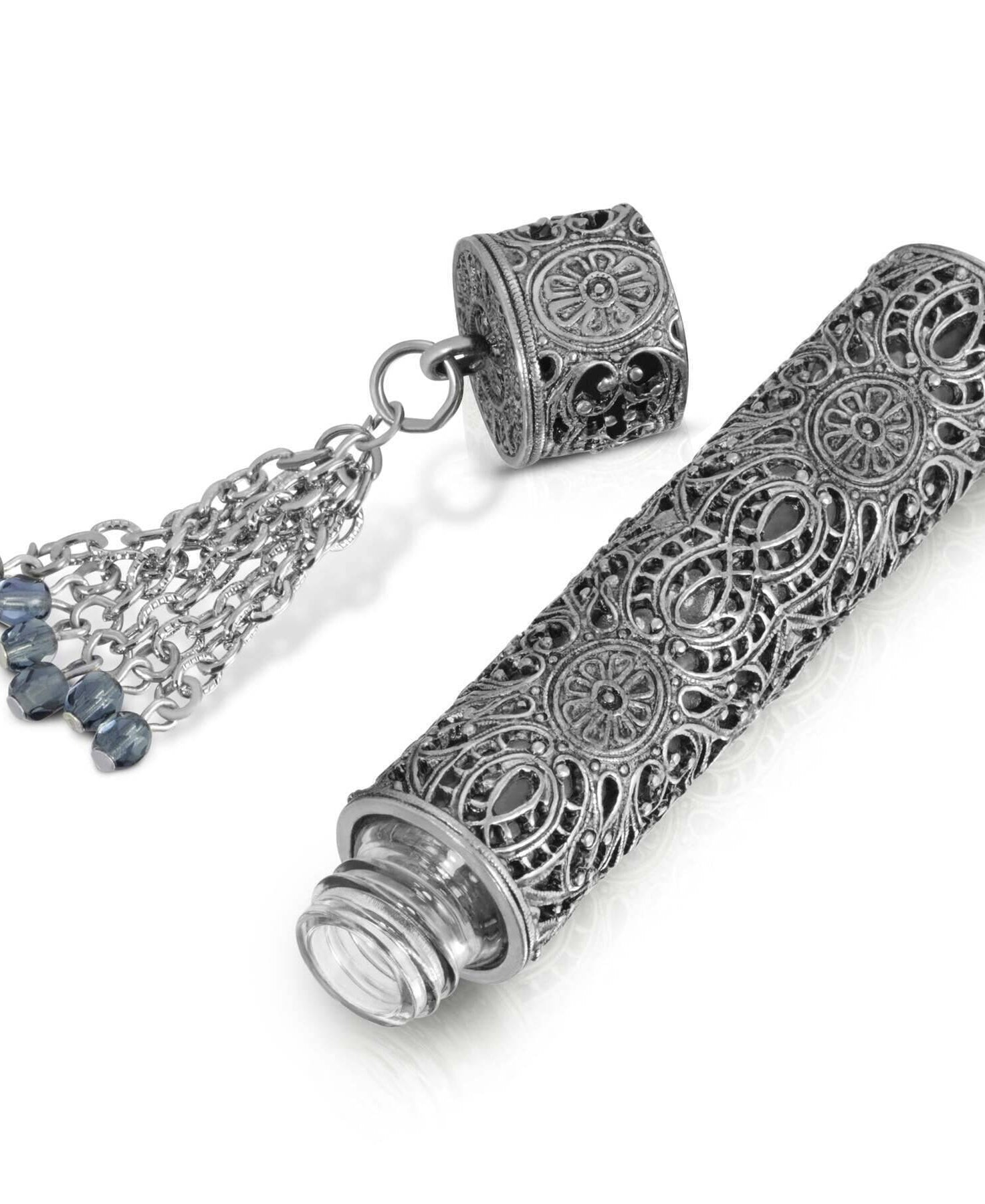 1928 Jewelry Pewter Filigree Glass Vial With Screw Cap & Blue Beaded Tassel