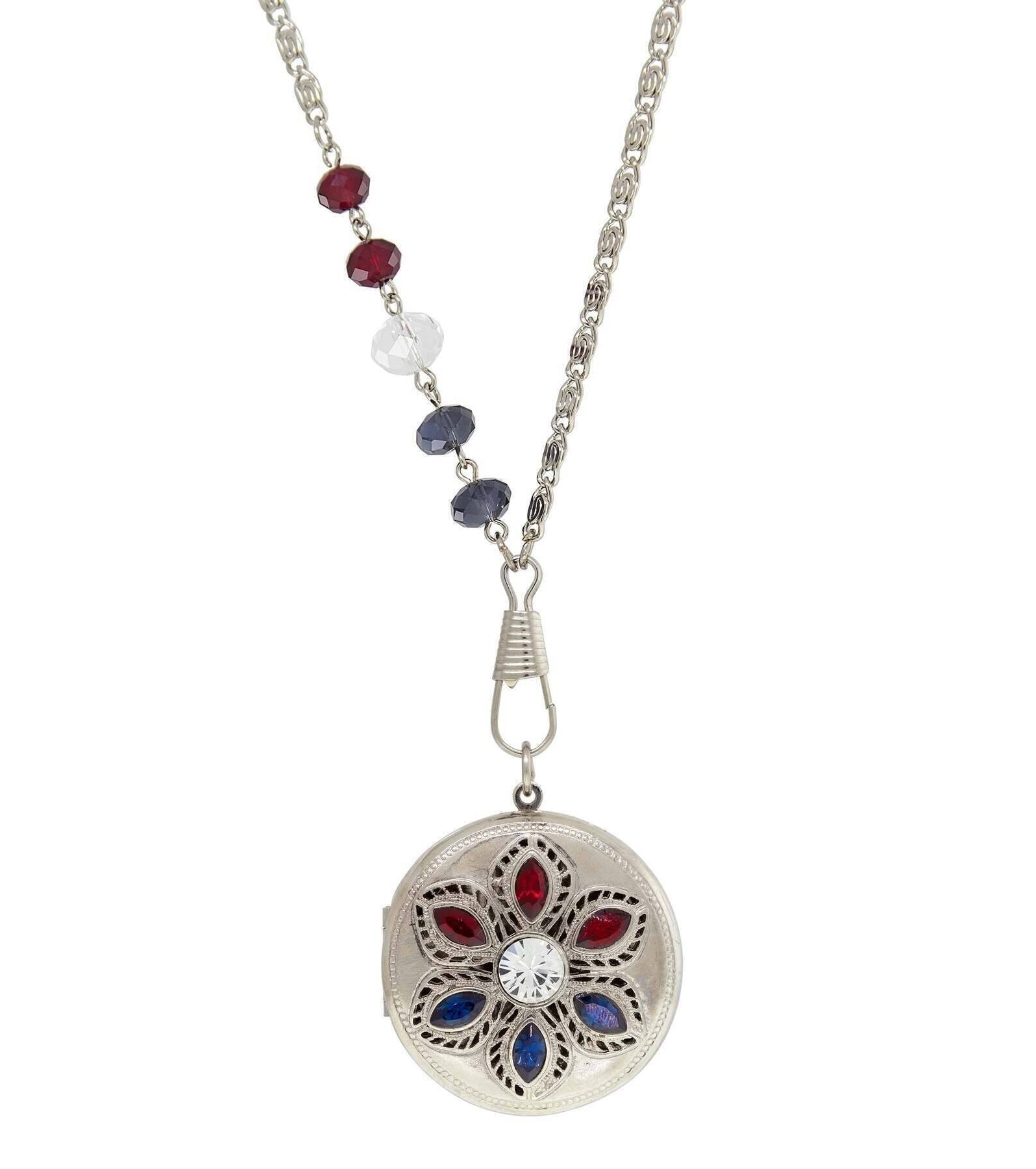1928 Jewelry Patriotic Red White and Blue Crystal Locket Necklace 28"