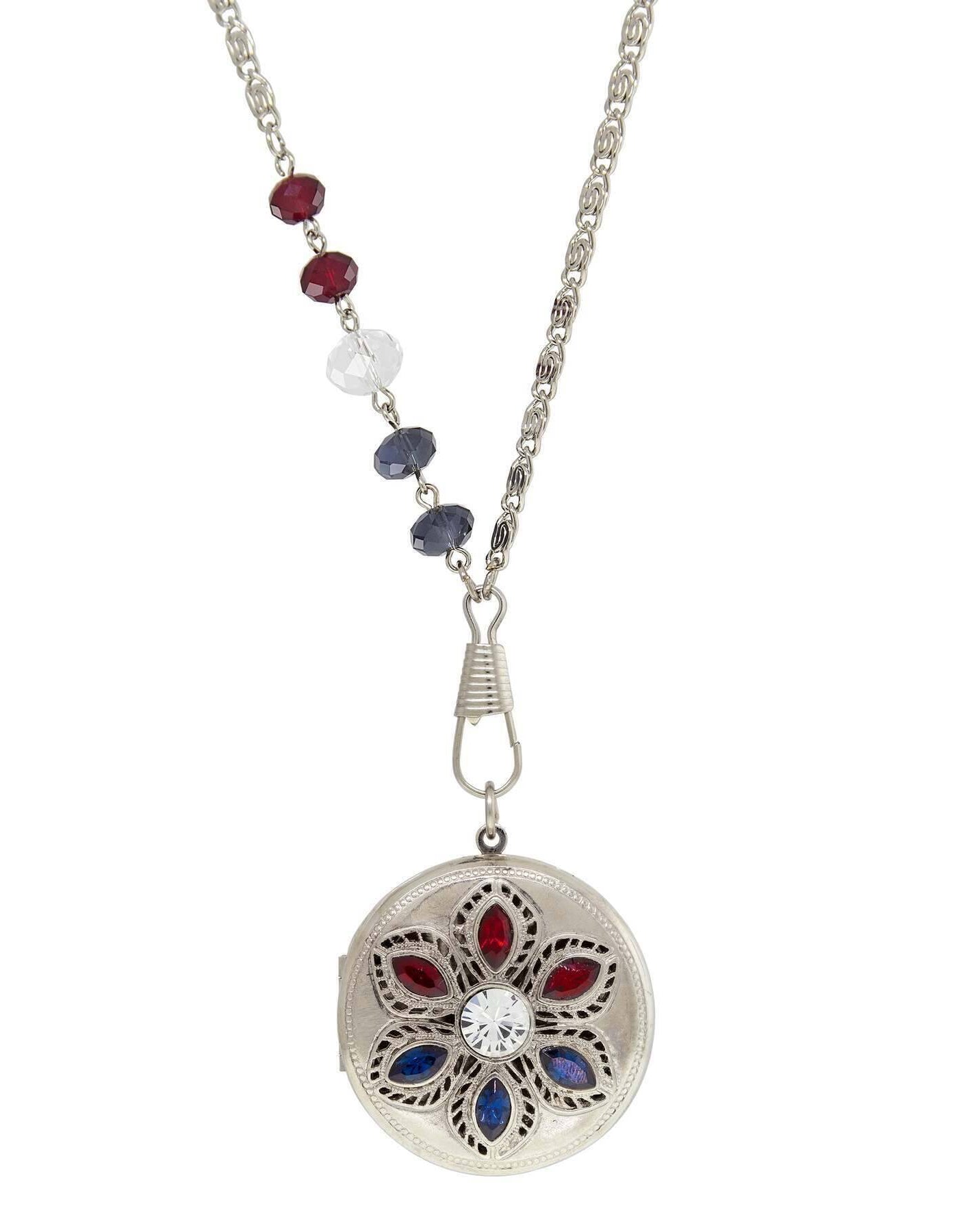 1928 Jewelry Patriotic Red White and Blue Crystal Locket Necklace 28"