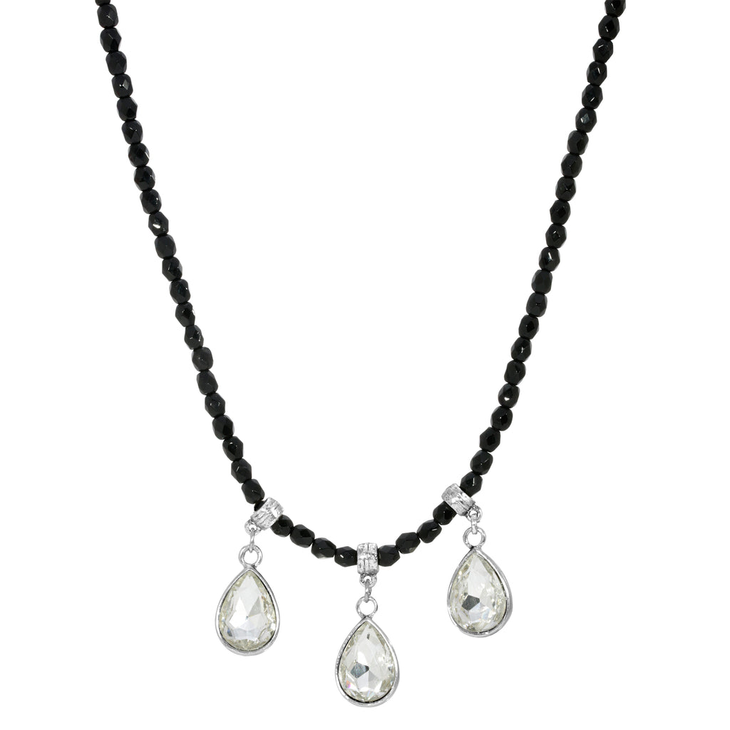 Black Bead Silver Tone Small Crystal Teardrop Necklace 15   18 Inch Adjustable