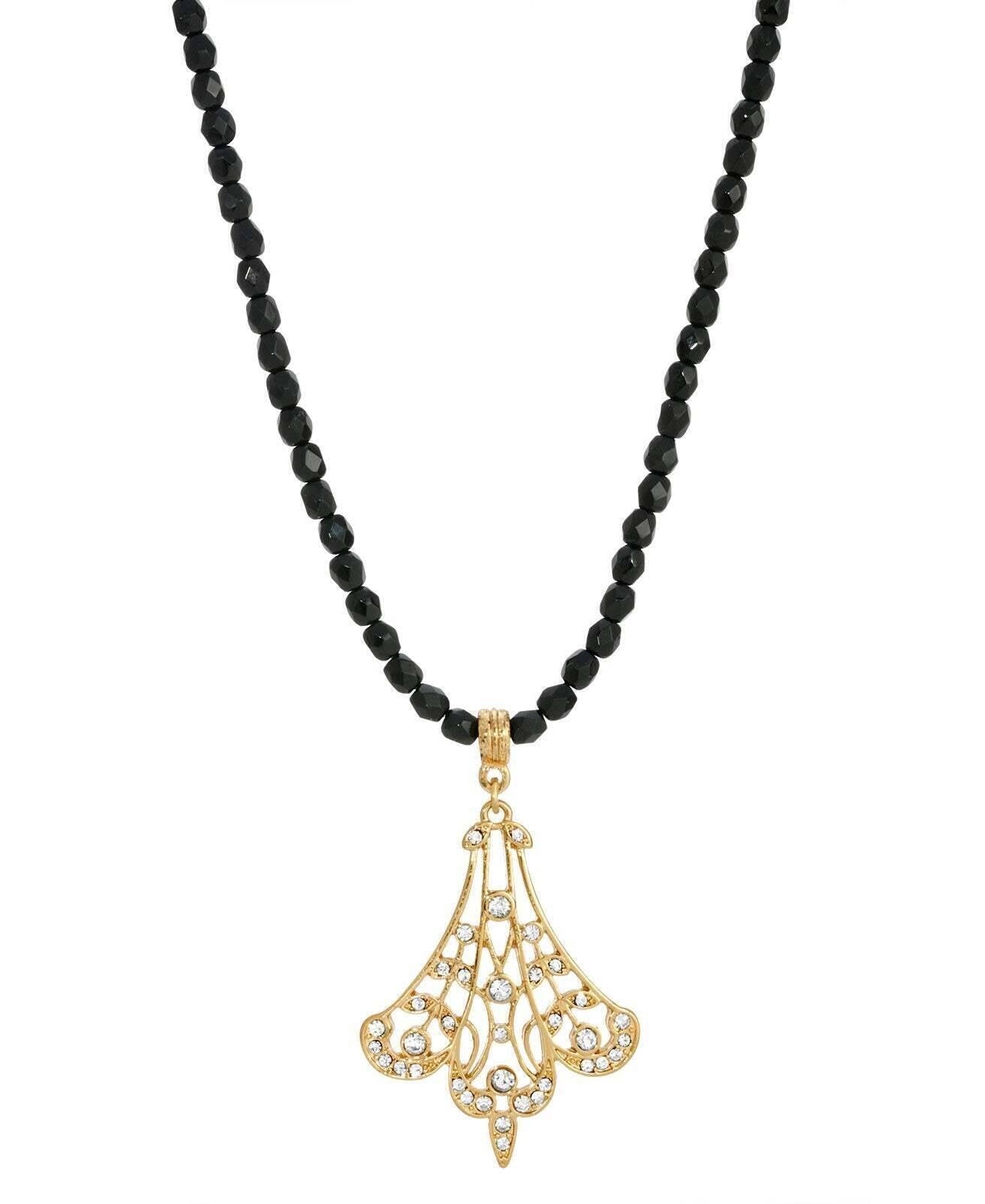1928 Jewelry Minuit Black Glass Strand Bead Gold Filigree Fan & Crystals Pendant Necklace 15" + 3" Extender