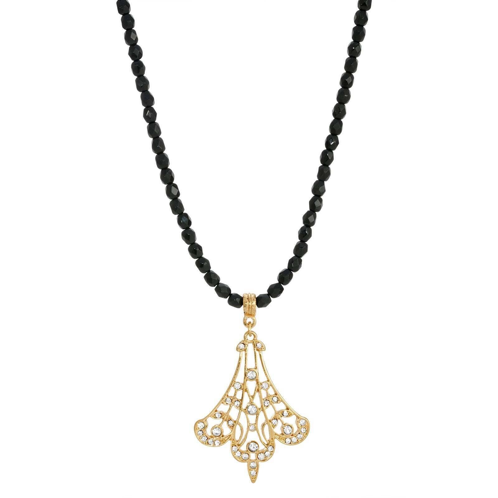 1928 Jewelry Minuit Black Glass Strand Bead Gold Filigree Fan & Crystals Pendant Necklace 15" + 3" Extender