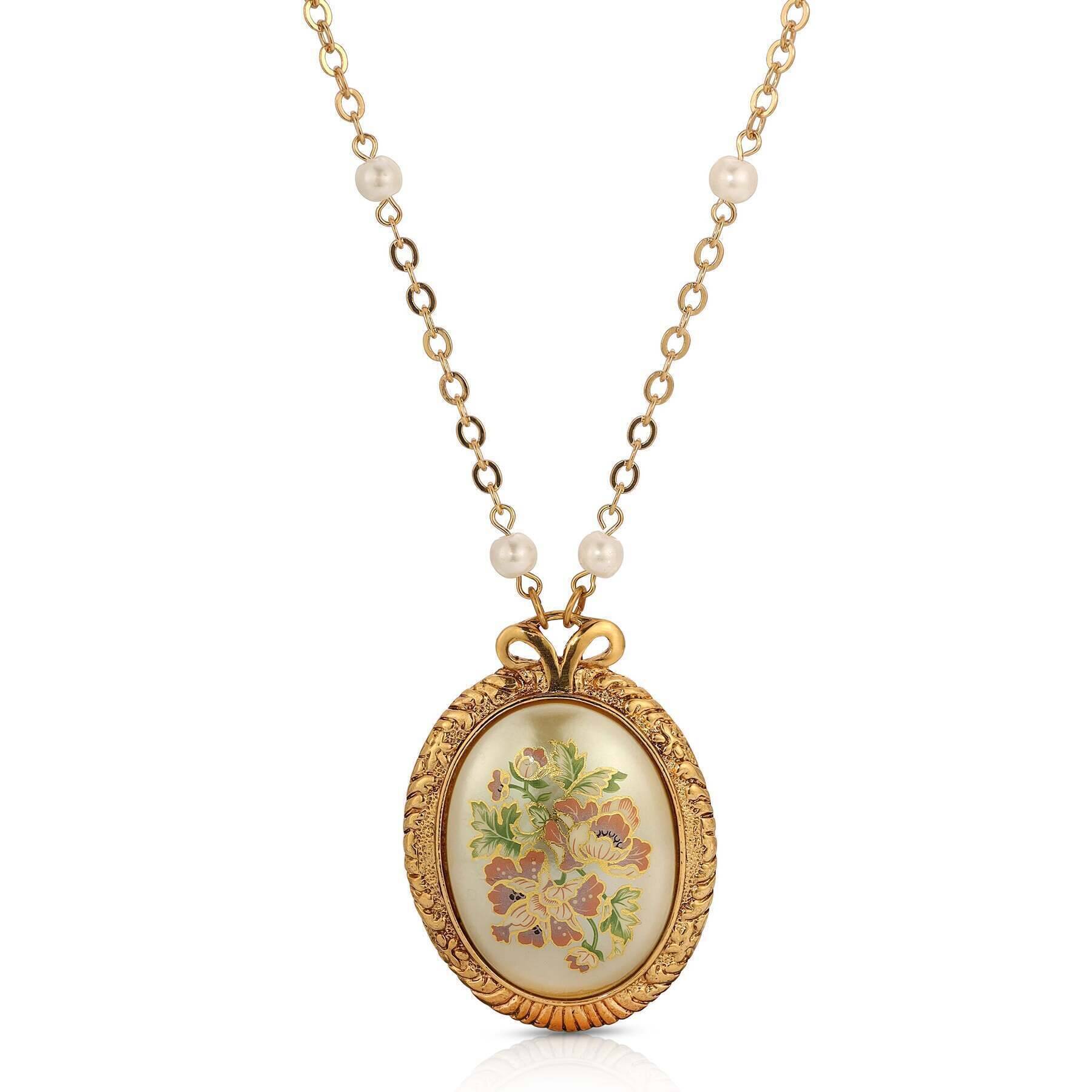 1928 Jewelry Faux Pearl Oval Pink Floral Decal Pendant Necklace 30"