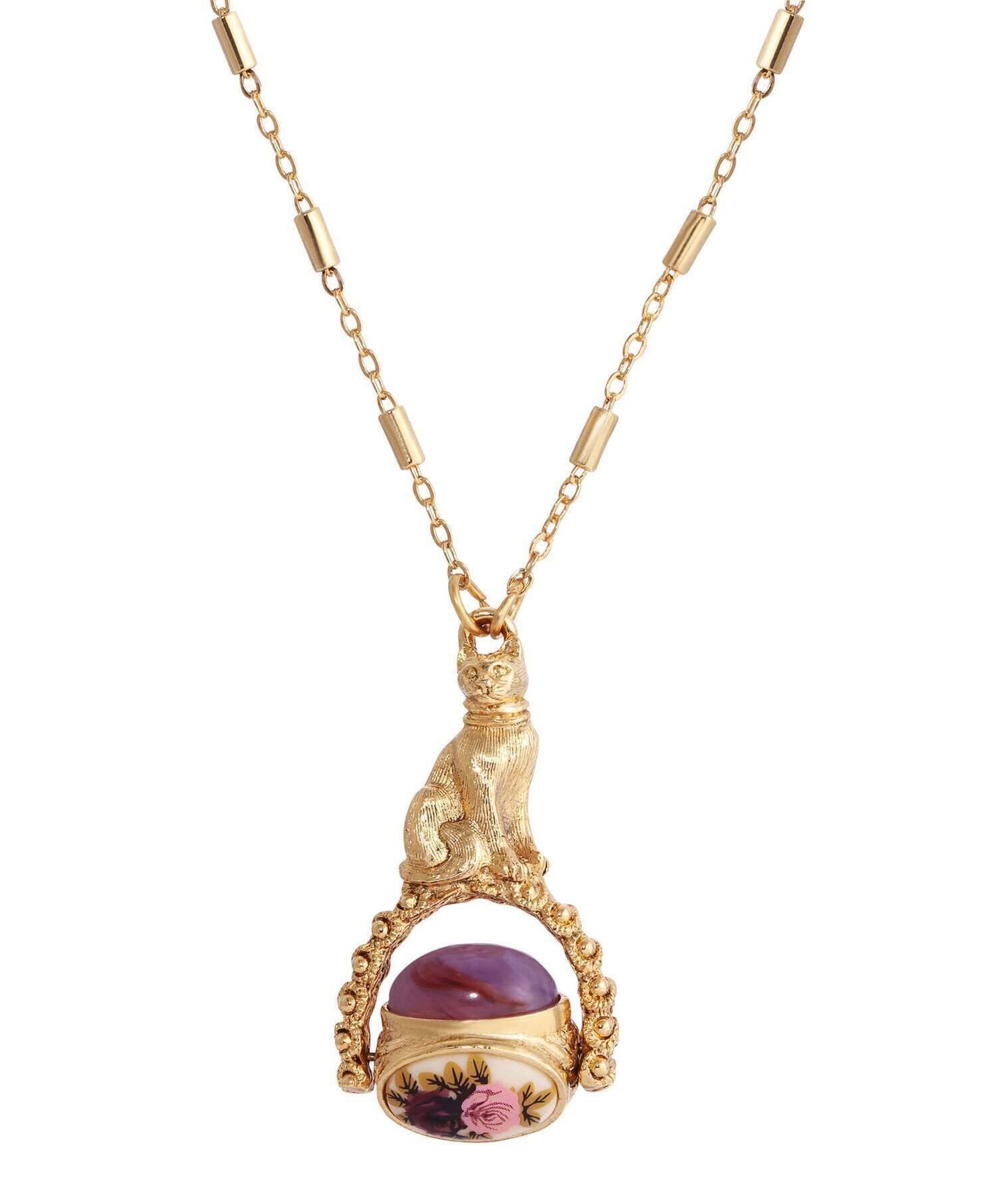 1928 Jewelry Manor House Pink & Purple Stone Spinner Cat Pendant Necklace 30"