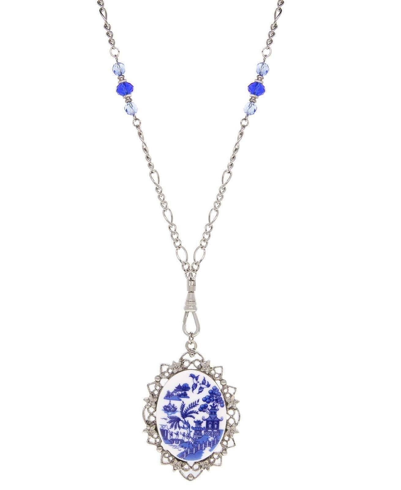 1928 Jewelry Light Sapphire Crystal Blue Willow Pagoda Oval Swivel Pendant Necklace 30"L