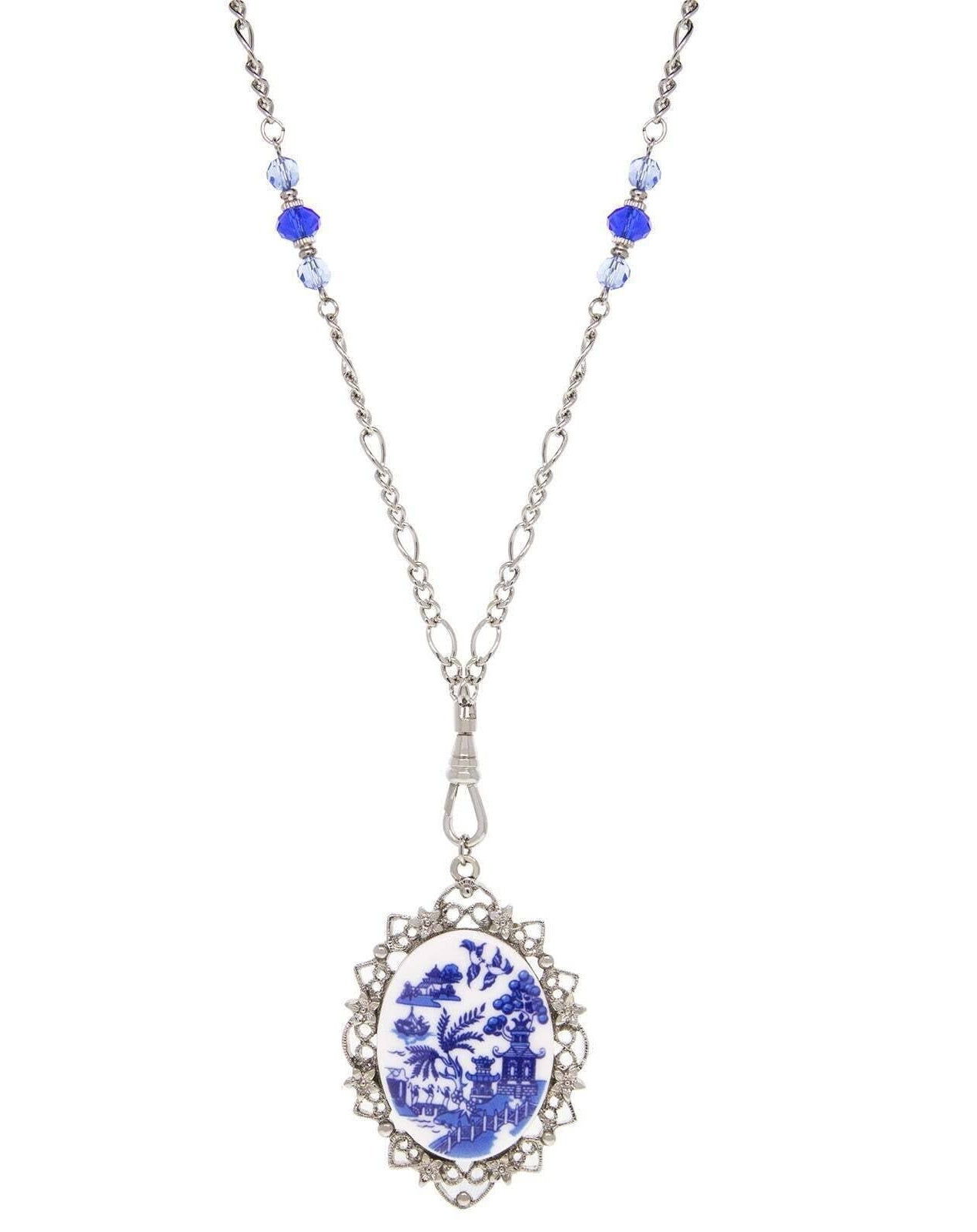 1928 Jewelry Light Sapphire Crystal Blue Willow Pagoda Oval Swivel Pendant Necklace 30"L