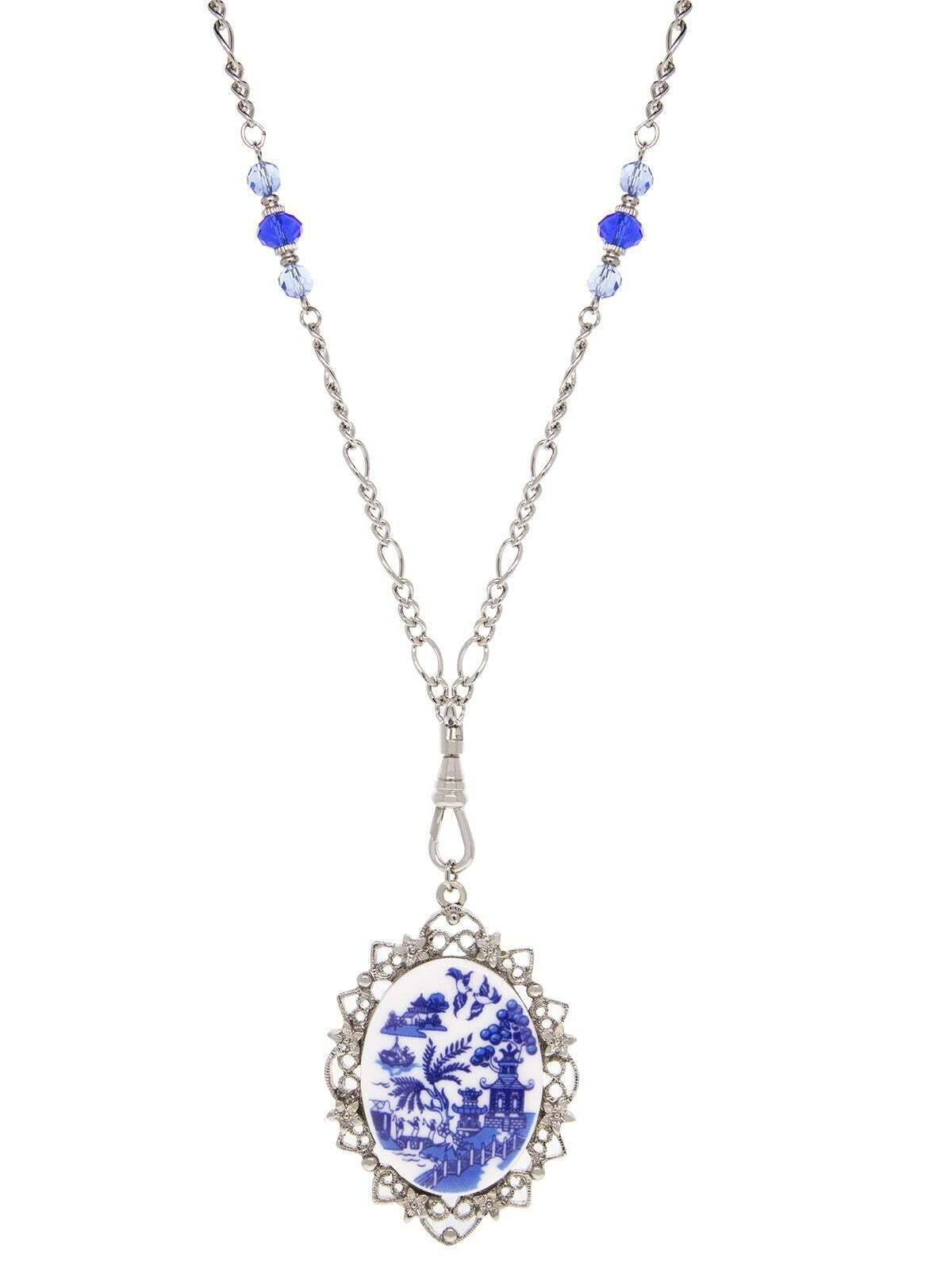 1928 Jewelry Light Sapphire Crystal Blue Willow Pagoda Oval Swivel Pendant Necklace 30"L