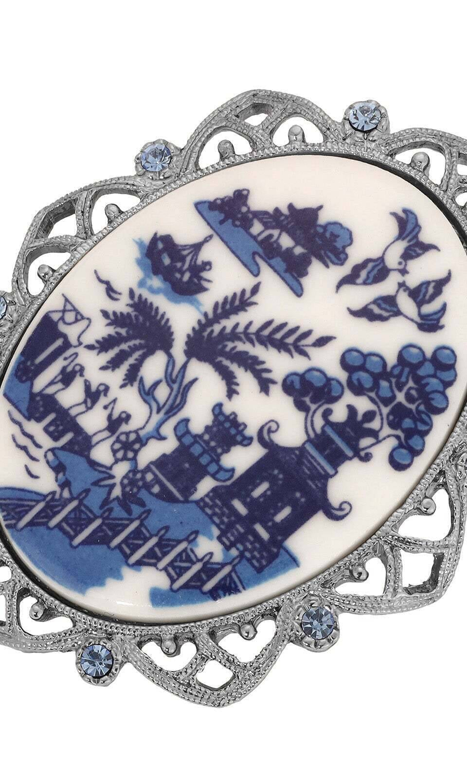 1928 Jewelry Blue Willow Pagoda Light Sapphire Crystal Oval Brooch Pin