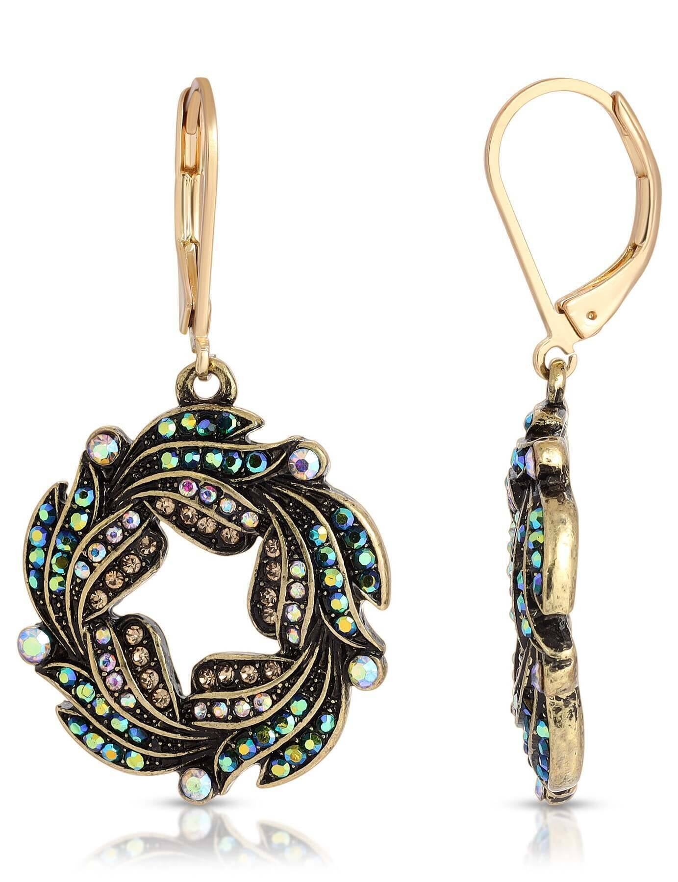 1928 Jewelry Peacock Plumage Art Nouveau Style Blue Iridescent AB Glass Wreath Drop Earrings