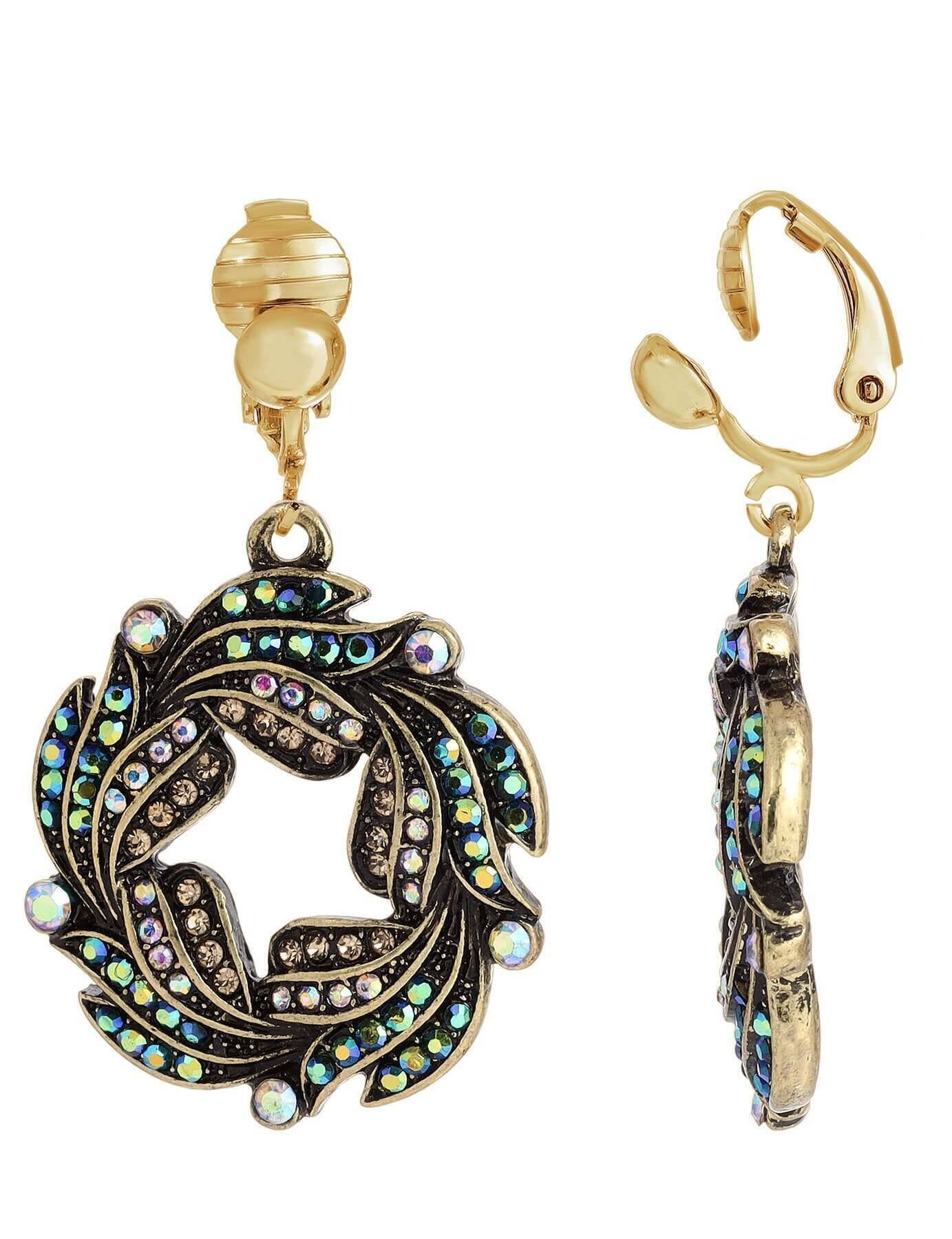 1928 Jewelry Peacock Plumage Art Nouveau Style Blue Iridescent AB Glass Wreath Clip On Earrings