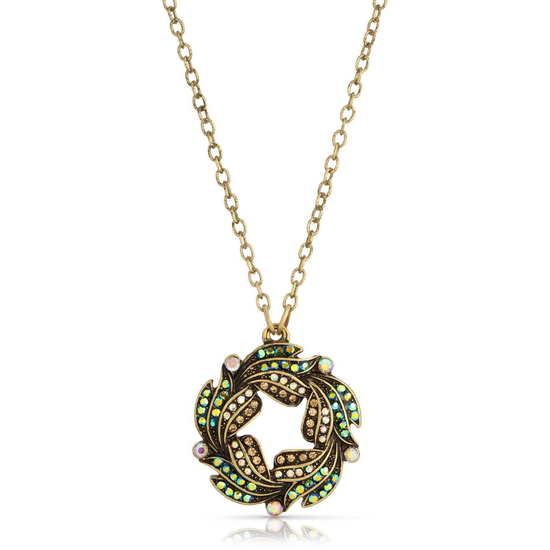 1928 Jewelry Peacock Plumage Blue Iridescent AB Wreath Pendant Necklace 16" + 3" Extender