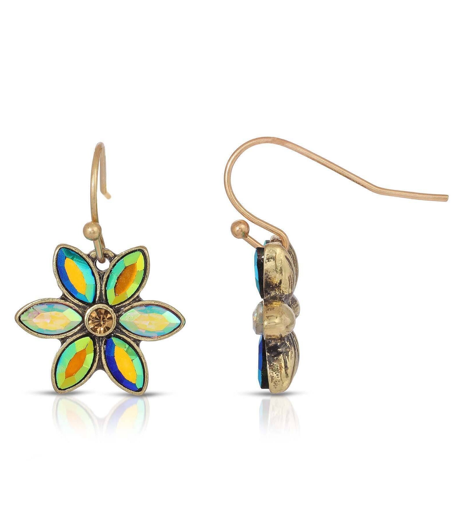 1928 Jewelry Peacock Plumage Blue Iridescent Aurora Borealis Glass Flower Drop Earrings