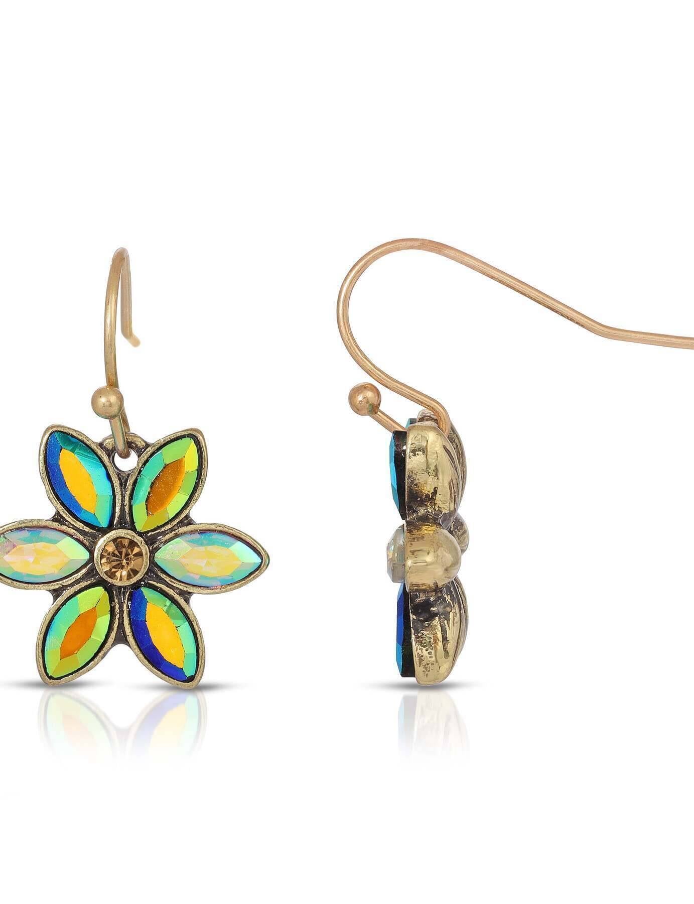 1928 Jewelry Peacock Plumage Blue Iridescent Aurora Borealis Glass Flower Drop Earrings