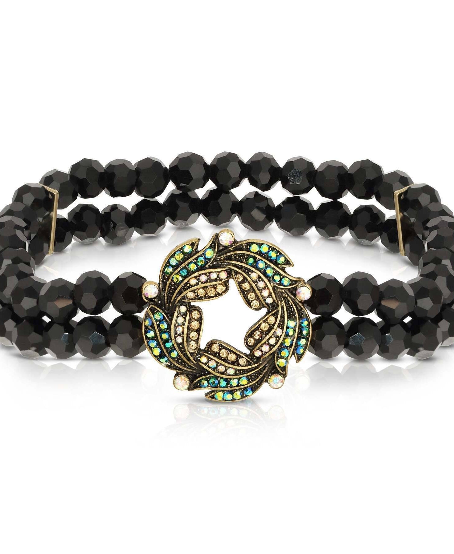 1928 Jewelry Peacock Plumage Blue Iridescent AB Black Glass Bead Wreath Bracelet