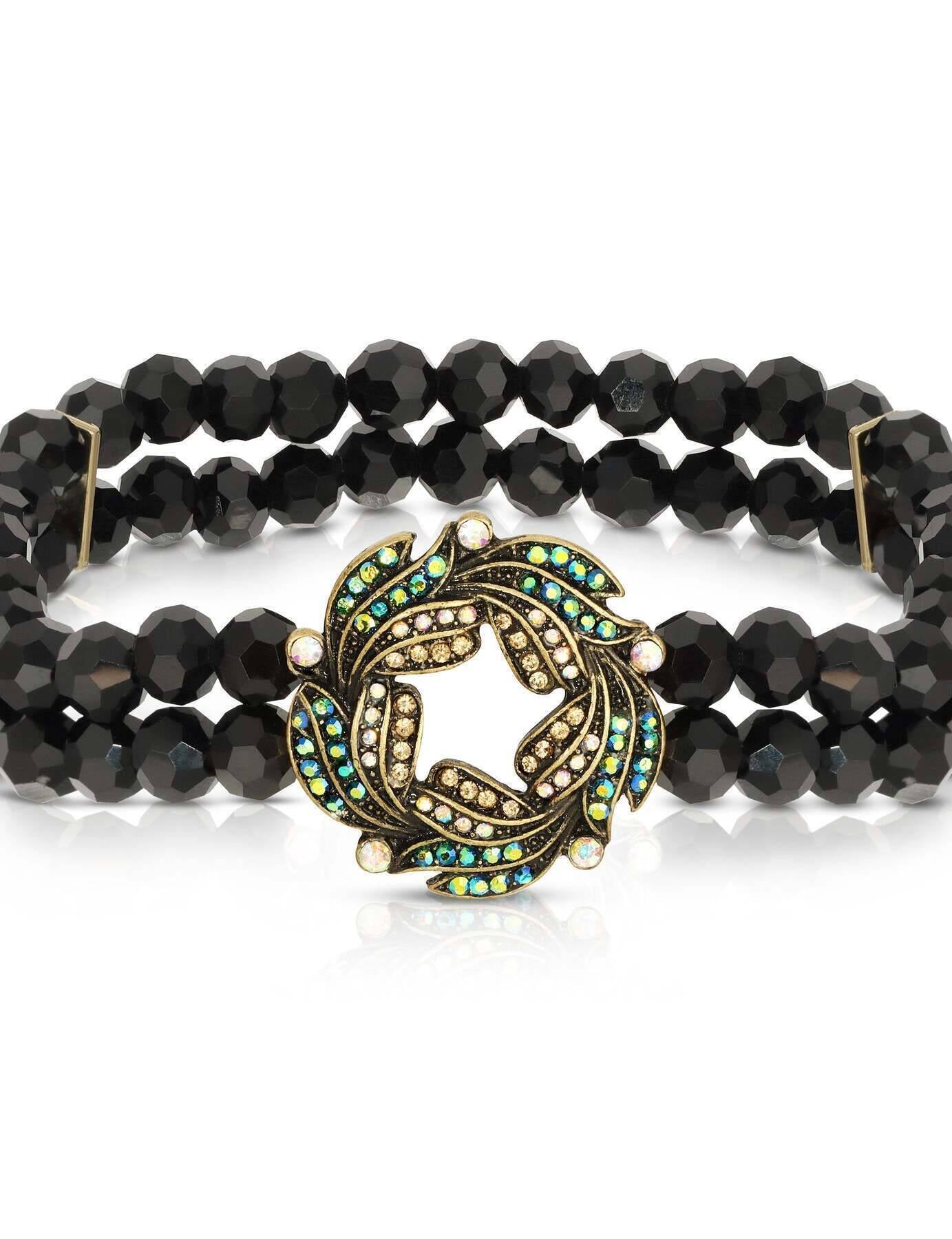 1928 Jewelry Peacock Plumage Blue Iridescent AB Black Glass Bead Wreath Bracelet