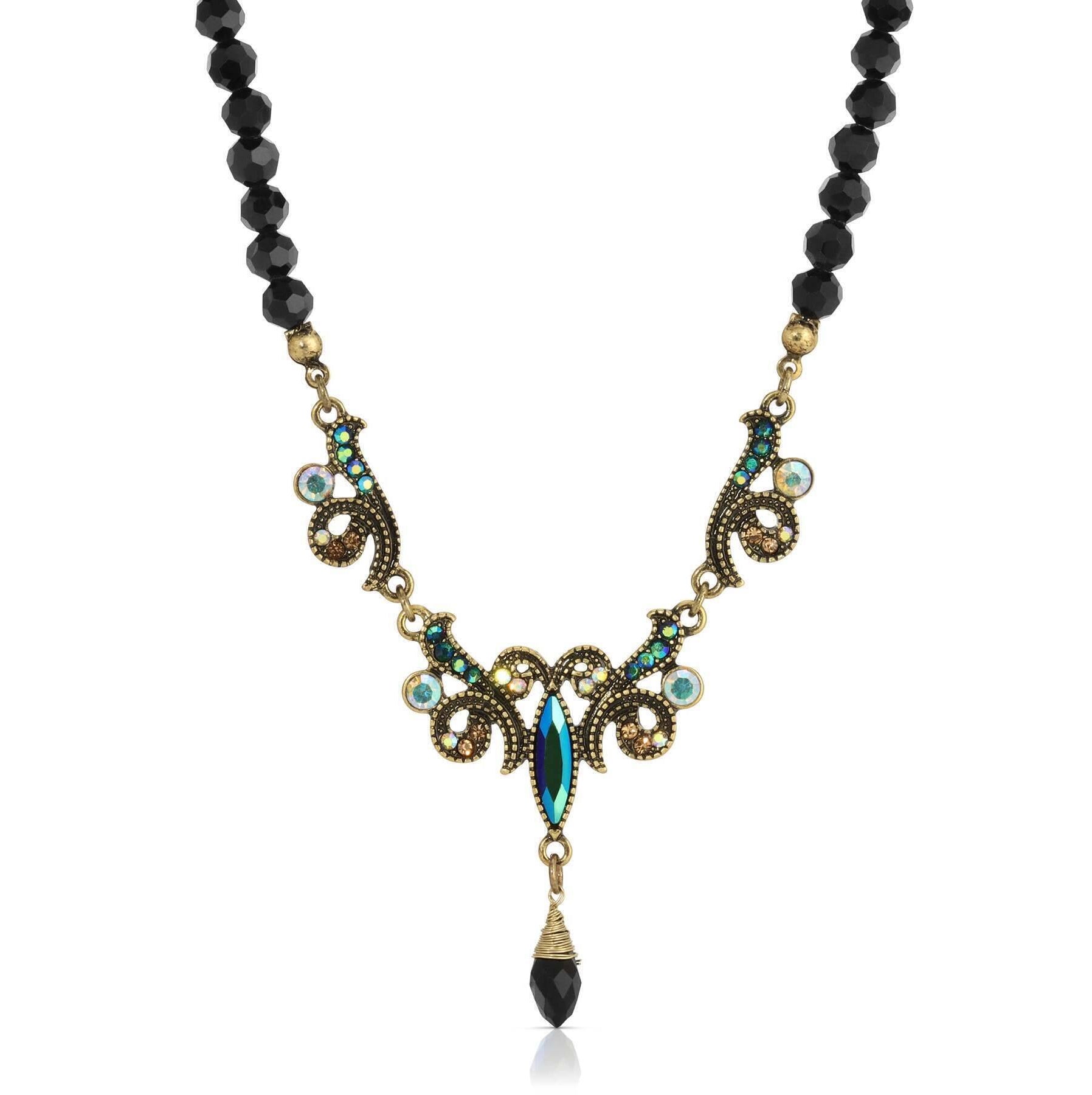 1928 Jewelry Peacock Plumage Black Beaded Art Nouveau Style Multi AB Glass Stone Drop Pendant Necklace 16" + 3" Extender