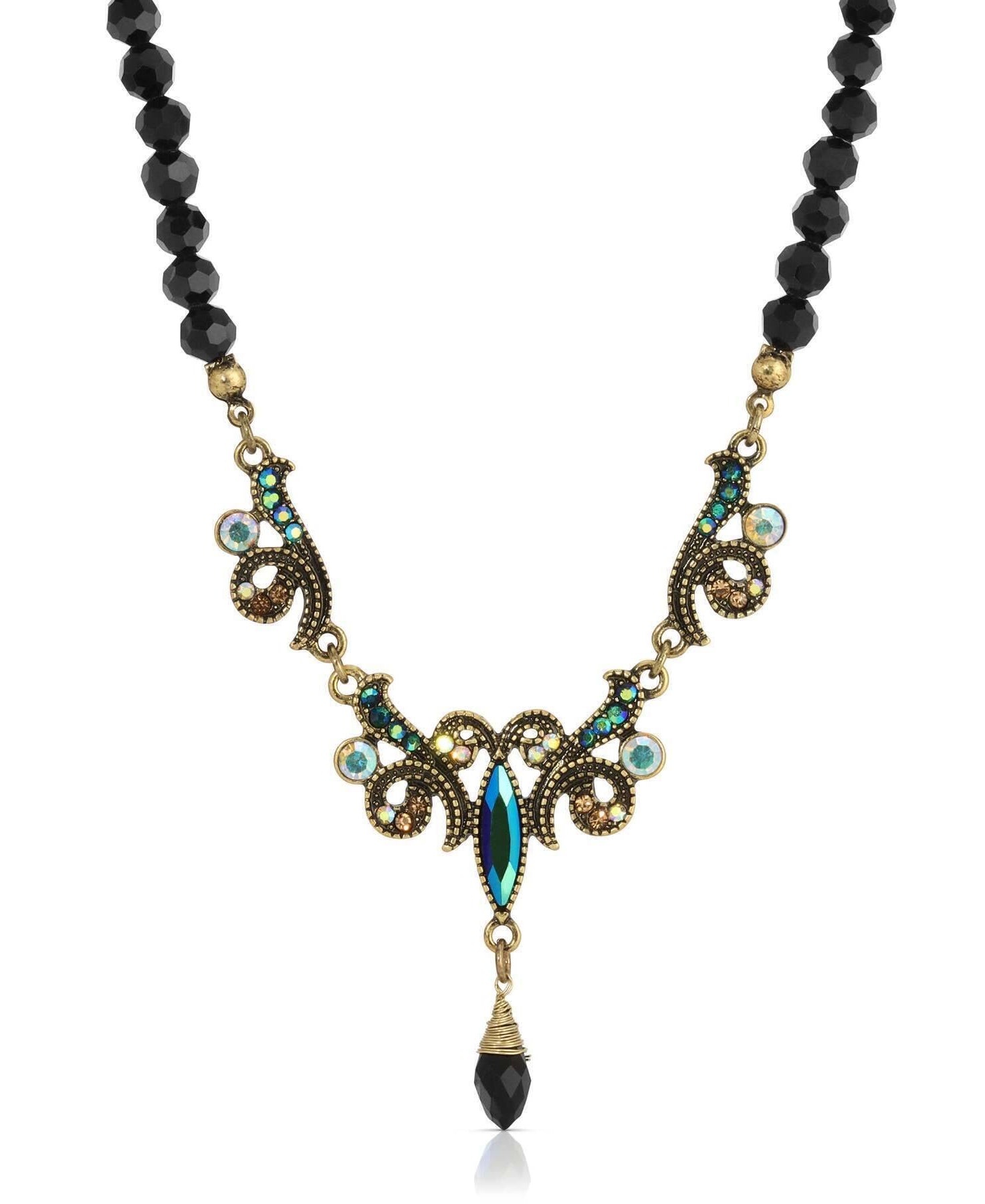 1928 Jewelry Peacock Plumage Black Beaded Art Nouveau Style Multi AB Glass Stone Drop Pendant Necklace 16" + 3" Extender