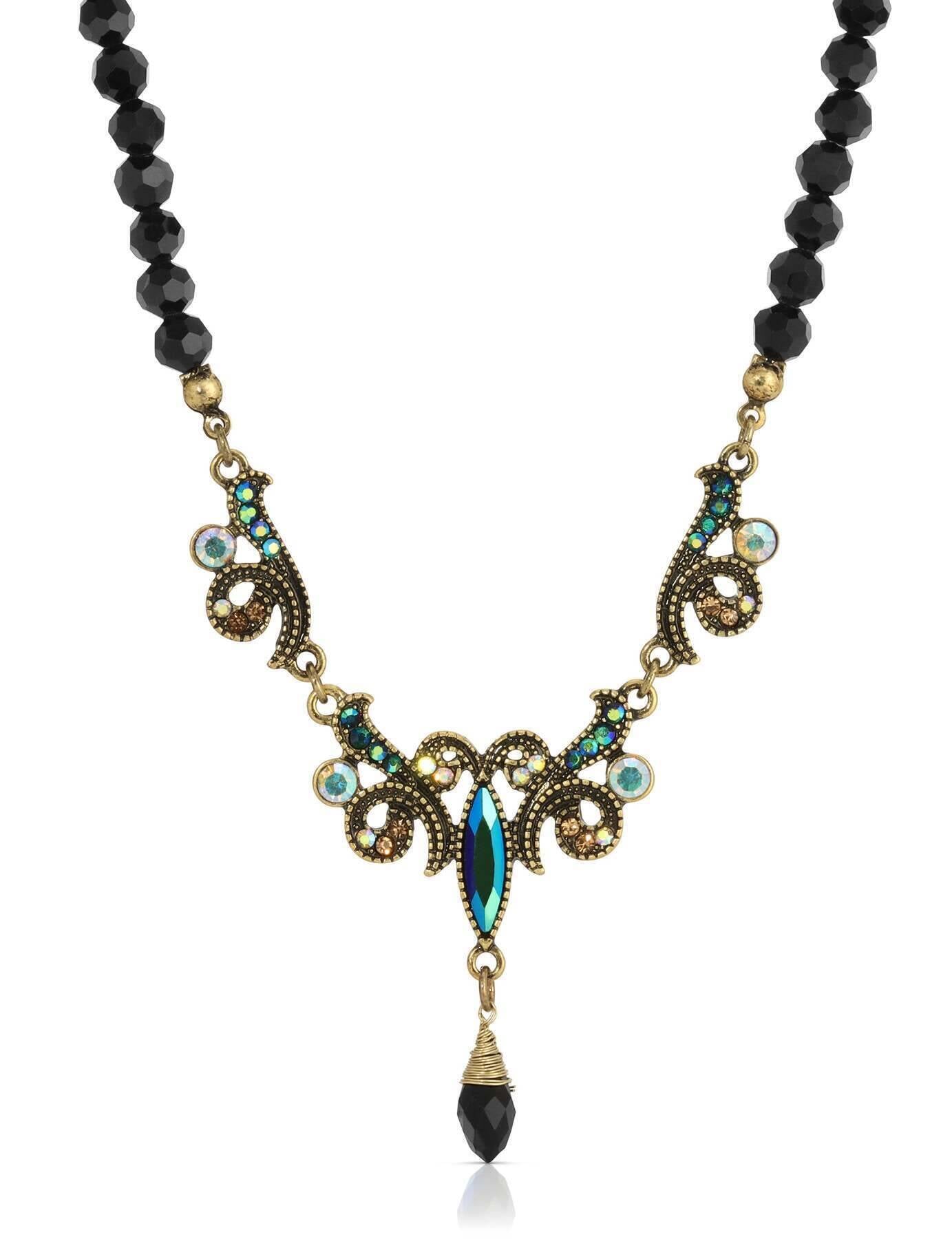 1928 Jewelry Peacock Plumage Black Beaded Art Nouveau Style Multi AB Glass Stone Drop Pendant Necklace 16" + 3" Extender