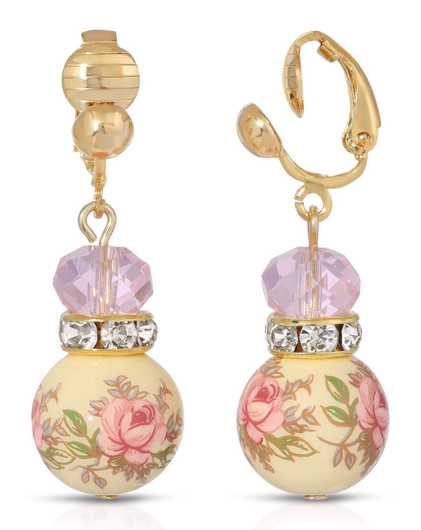 1928 Jewelry Pink Floral Decal Beaded Drop Clip On Earrings