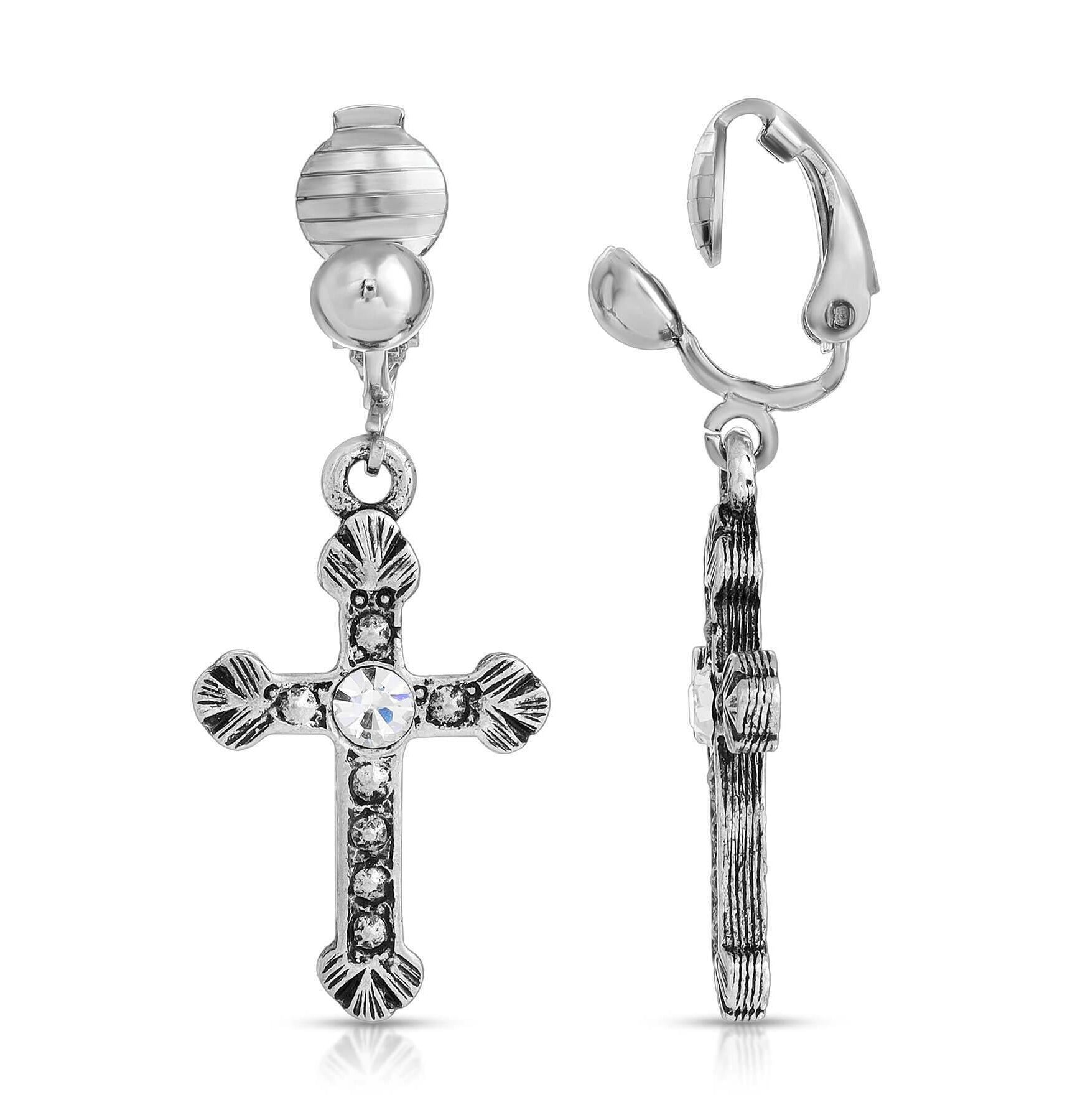 1928 Jewelry Crystal Accent Ornate Cross Drop Clip On Earrings