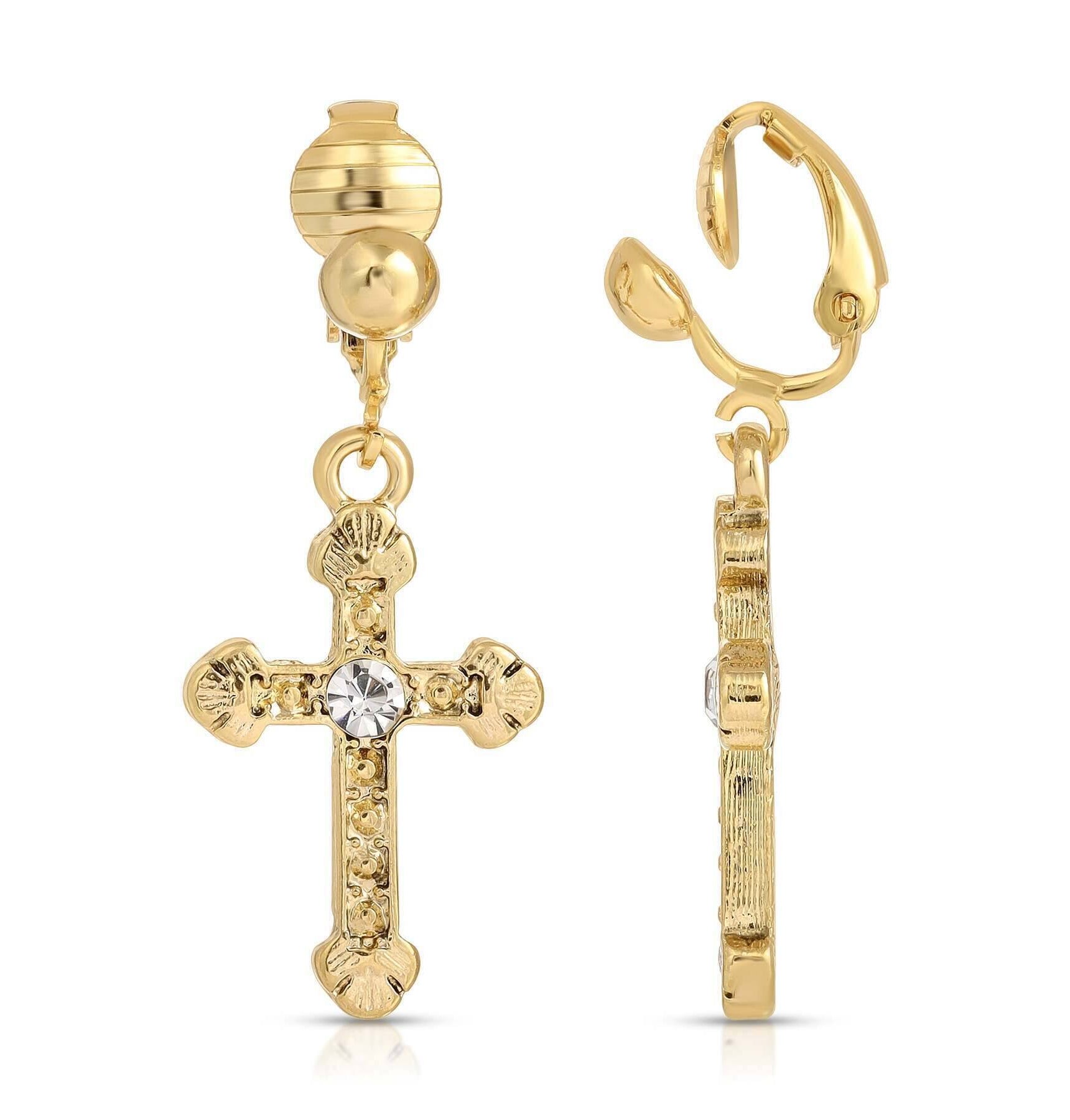 1928 Jewelry Crystal Accent Ornate Cross Drop Clip On Earrings
