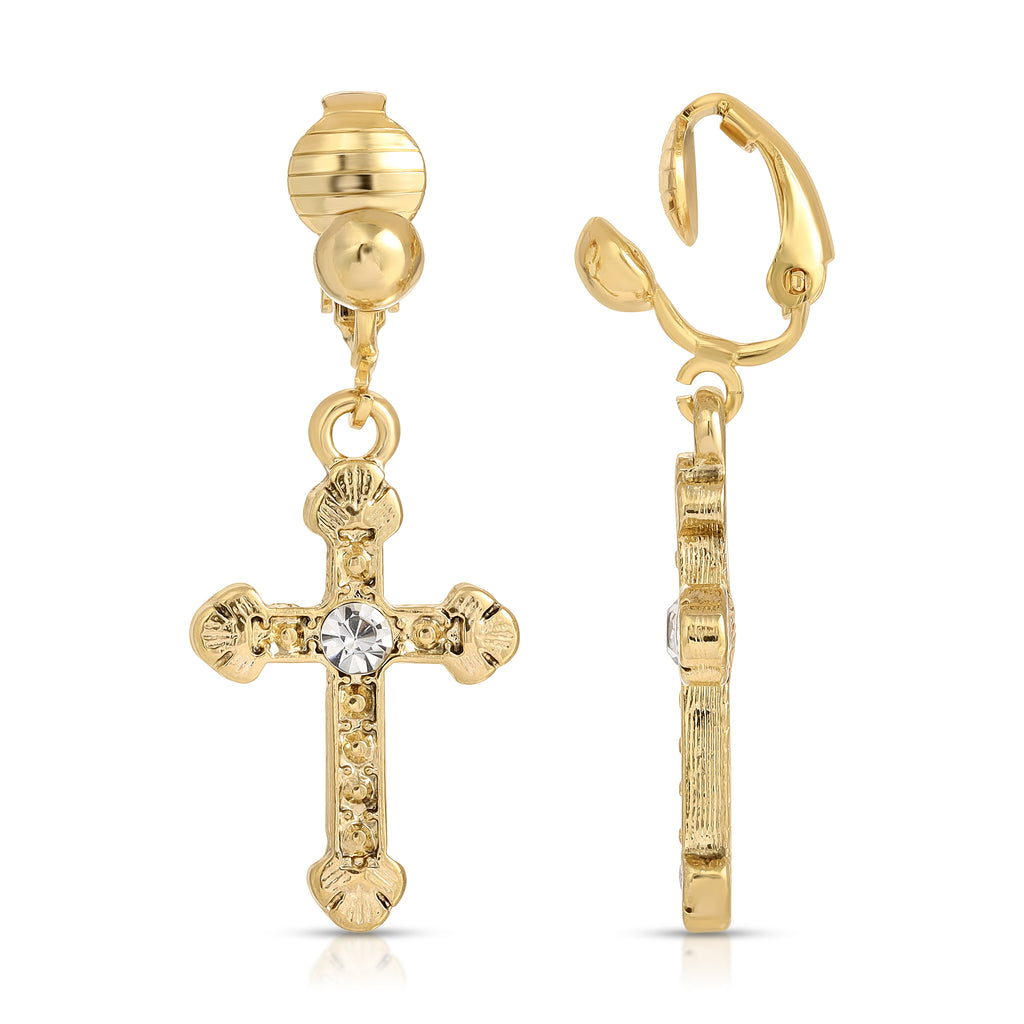 Crystal Accent Ornate Cross Drop Clip On Earrings
