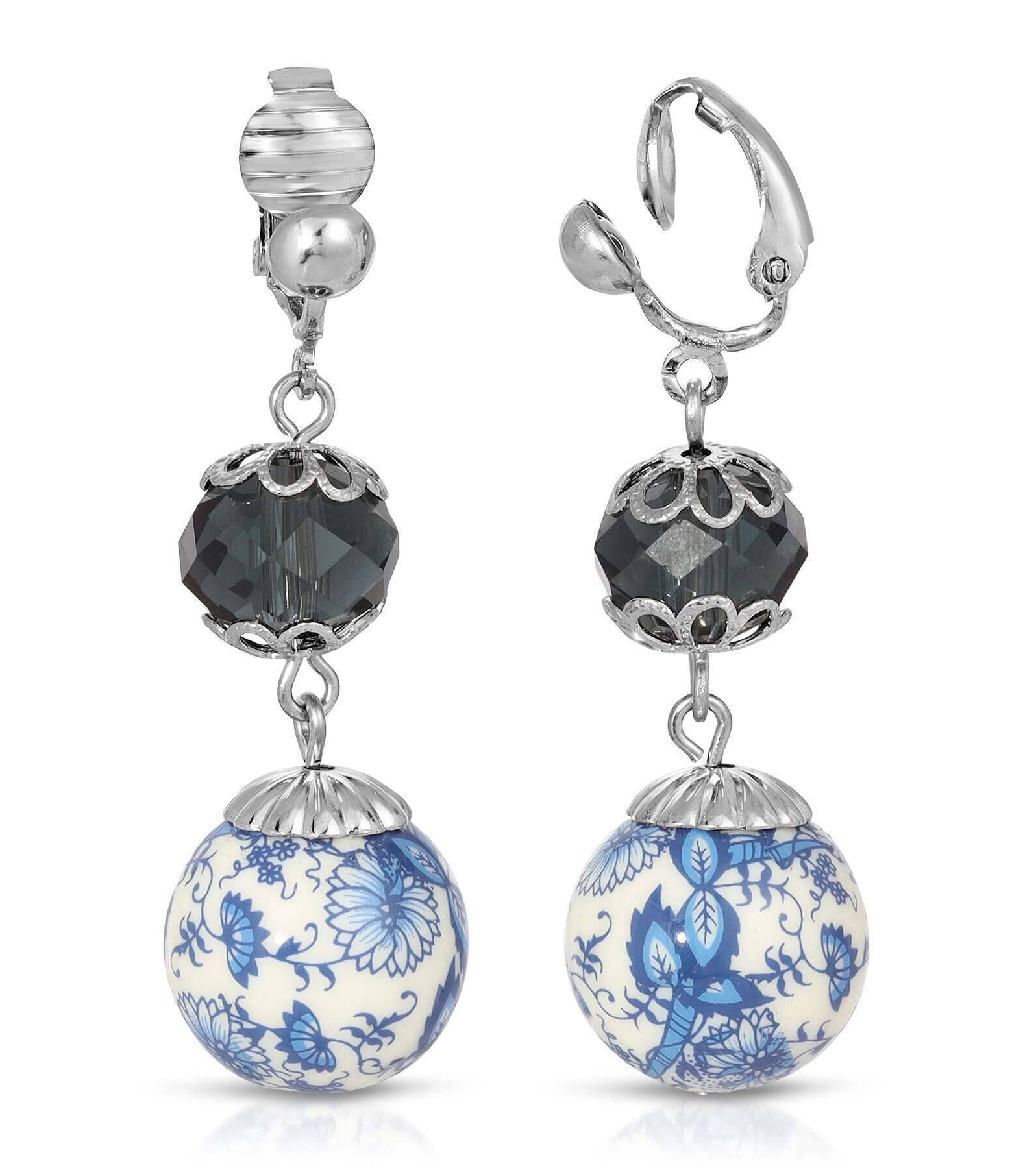 1928 Jewelry Blue Willow Dark Blue And Beaded Drop Clip On Earrings