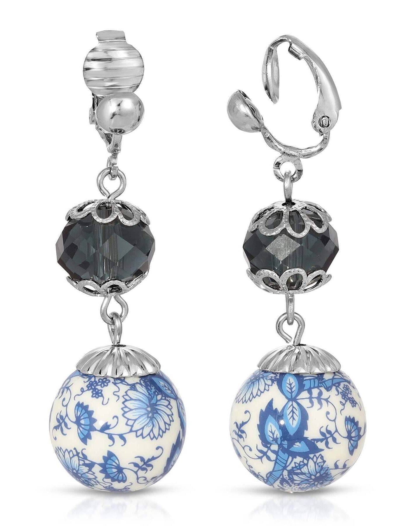 1928 Jewelry Blue Willow Dark Blue And Beaded Drop Clip On Earrings