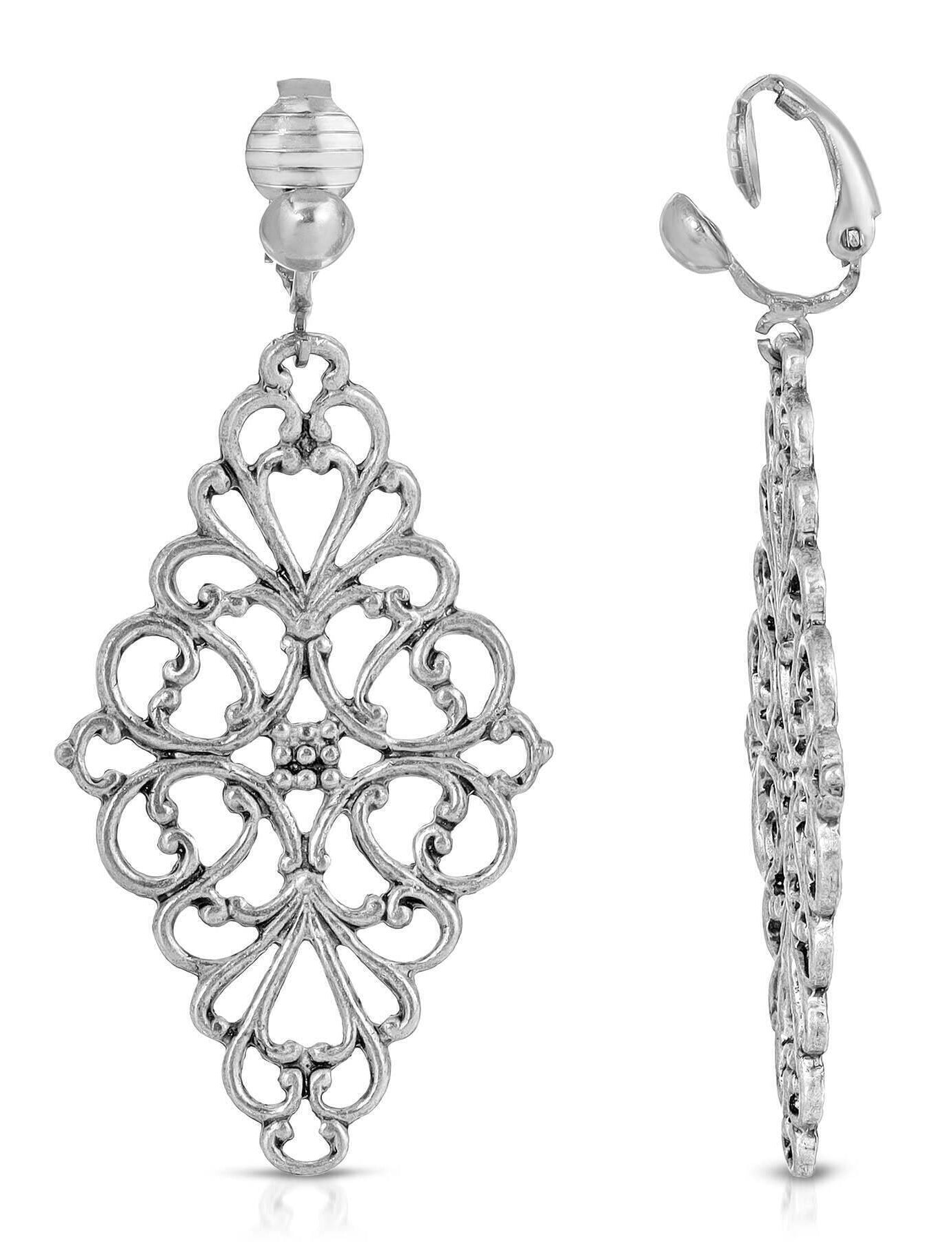 1928 Jewelry Filigree Diamond Drop Clip On Earrings