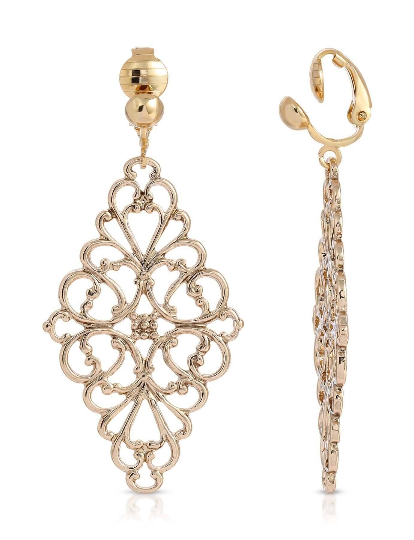 1928 Jewelry Filigree Diamond Drop Clip On Earrings