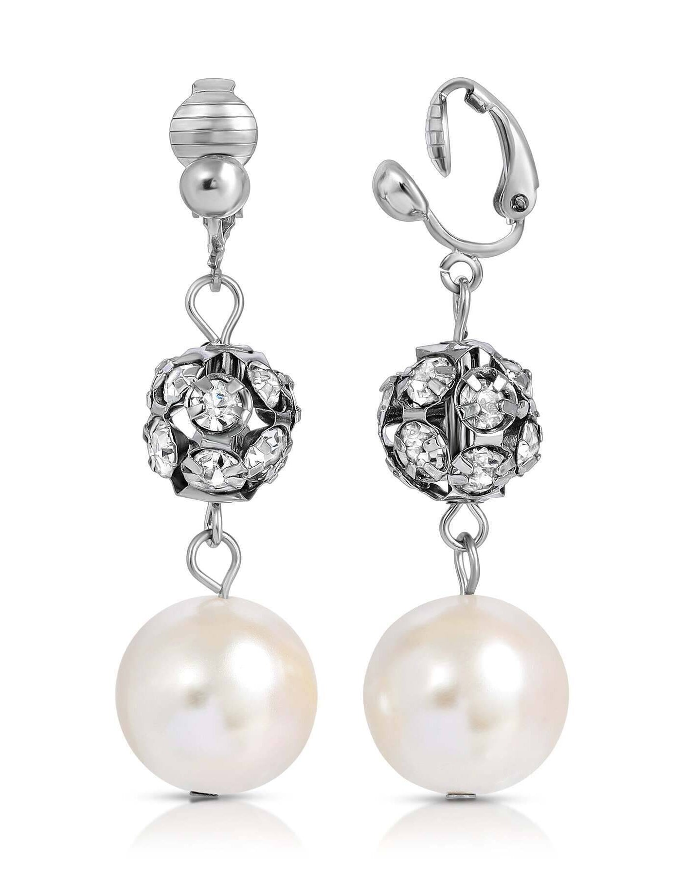 1928 Jewelry White Faux Pearl And Crystal Fireball Drop Clip On Earrings