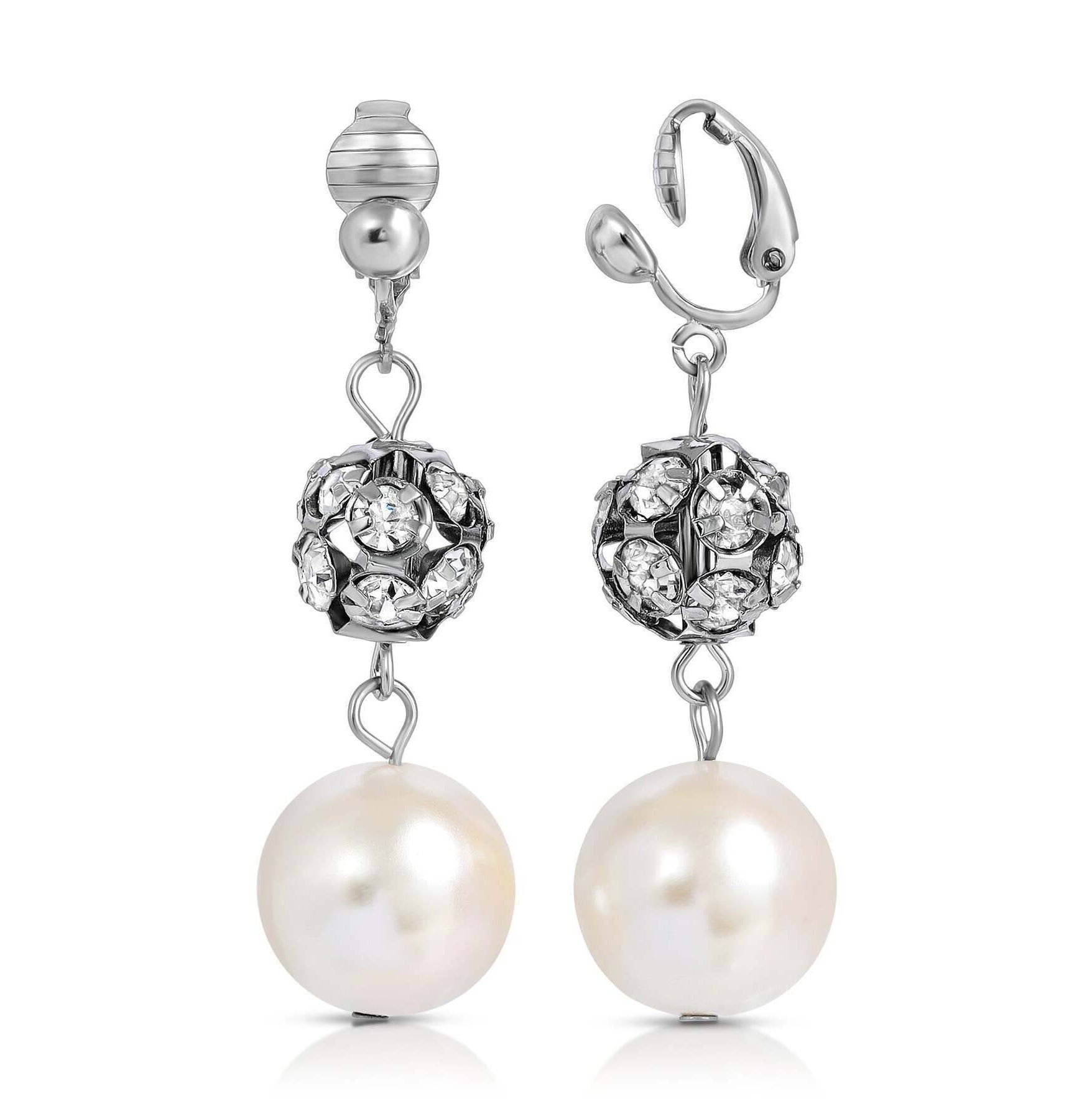 1928 Jewelry White Faux Pearl And Crystal Fireball Drop Clip On Earrings