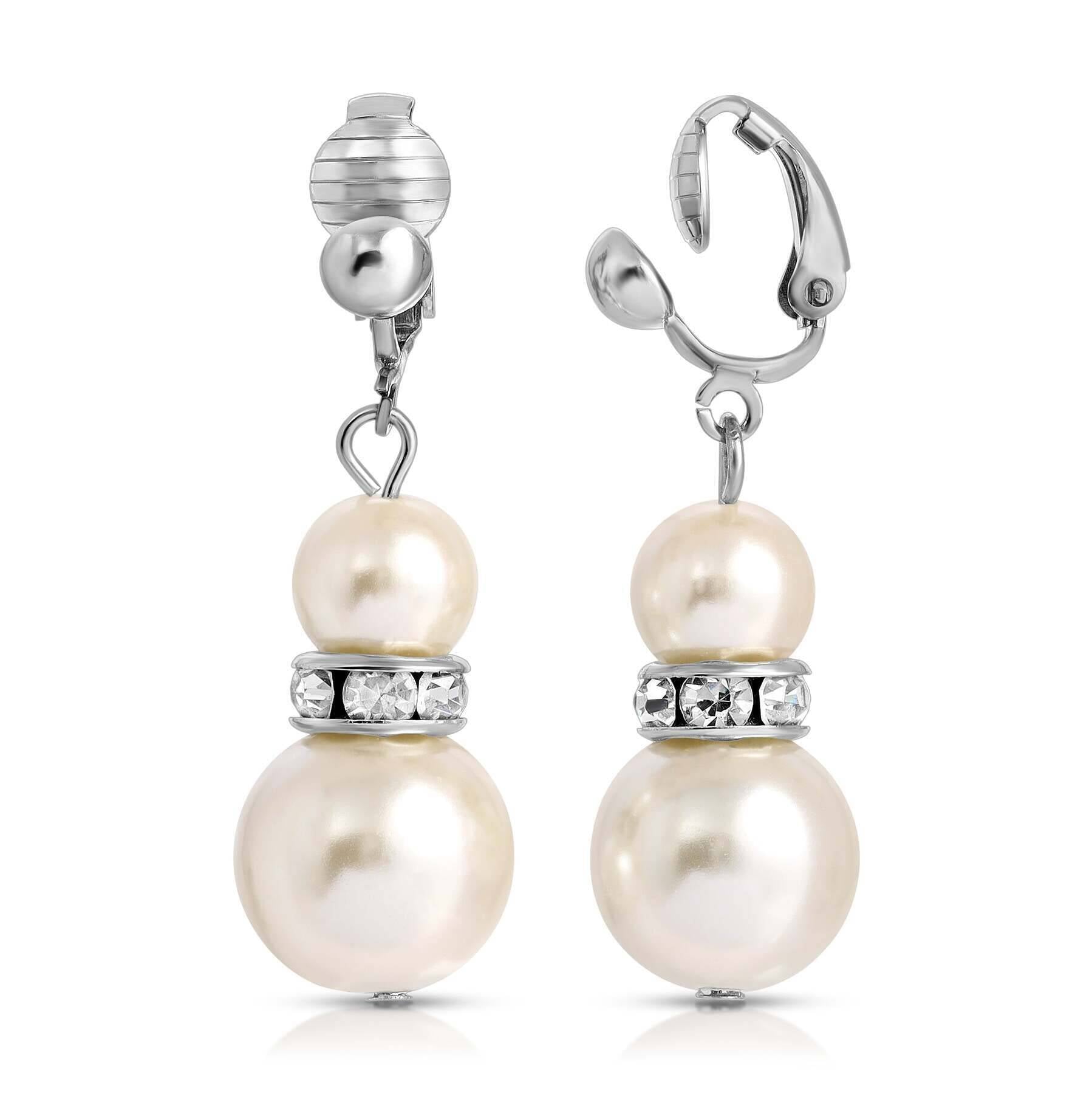 1928 Jewelry White Double Drop Faux Pearl Clip On Earrings