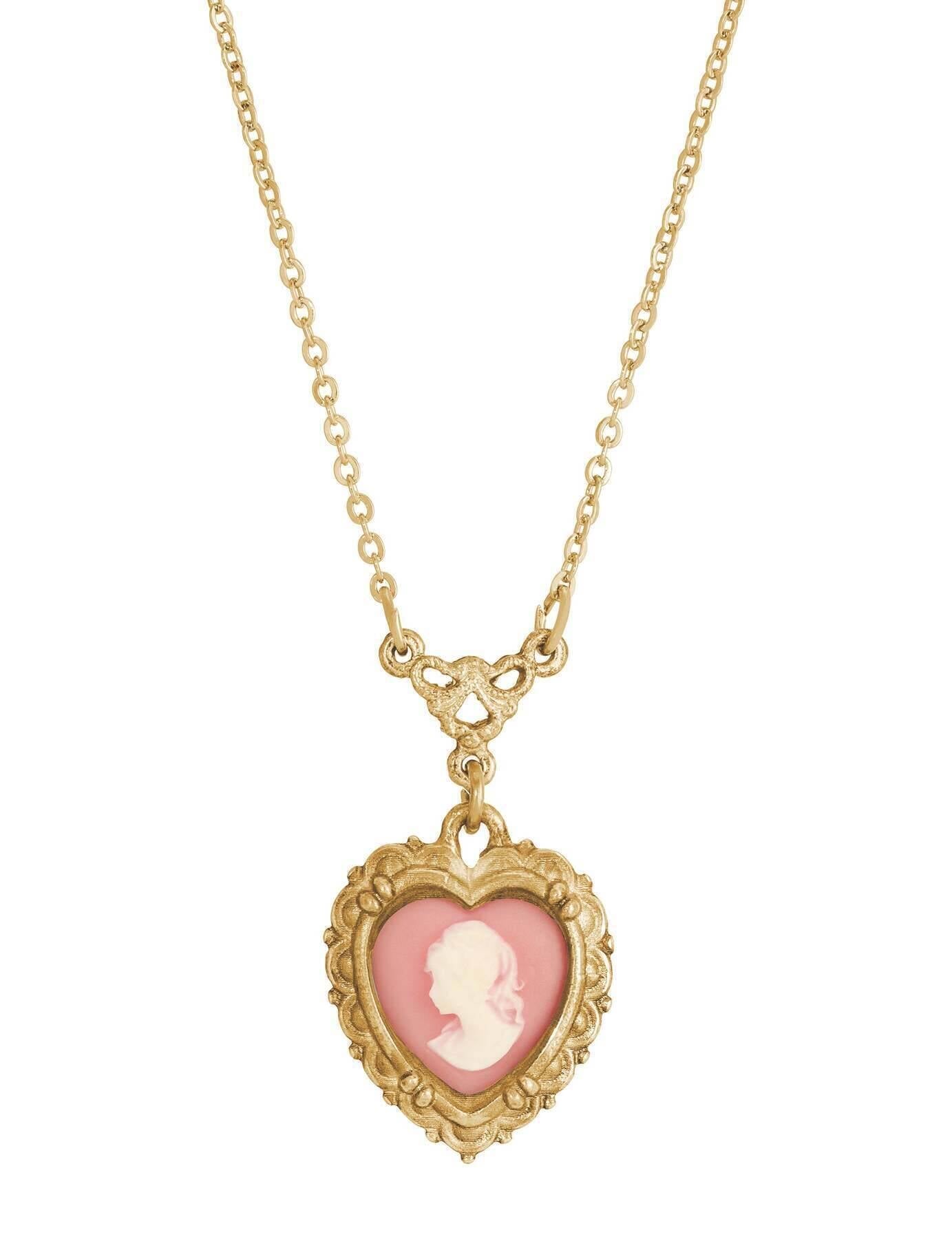 1928 Jewelry Pink Heart Cameo Pendant Necklace 16" + 3" Extender